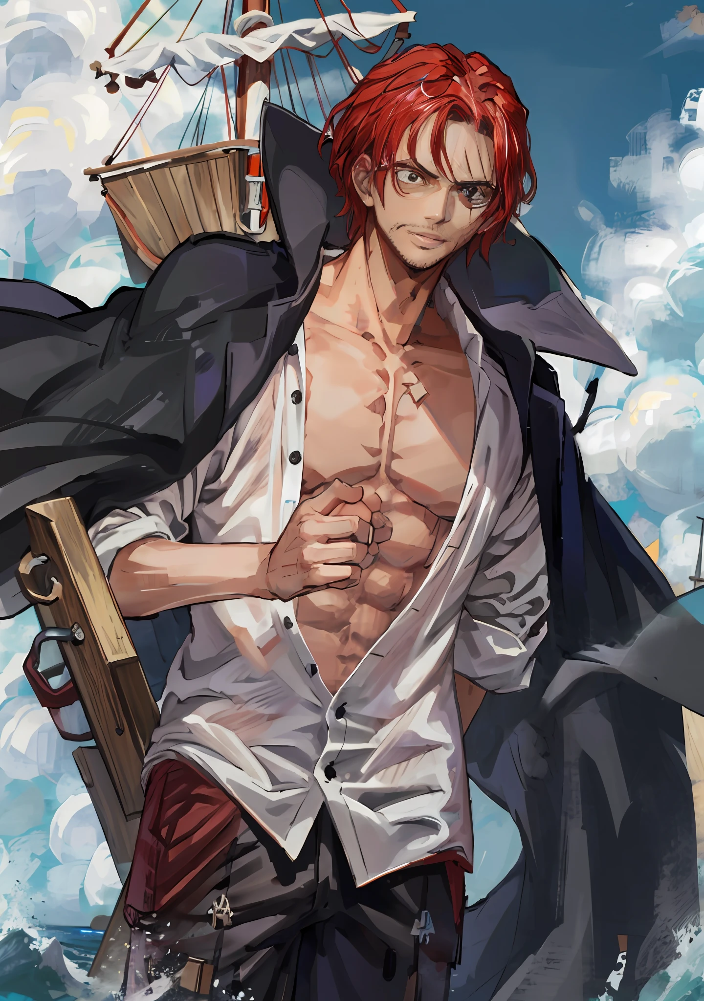 （tmasterpiece，best qualityer），intricately details，
 1 man，Shanks， red hair，(One-armed)，Dynamic poses and shots， scars in the face， short detailed hair， white  shirt， malefocus， Open your clothes， collared shir， trouser， cloaks， Manteau， open shirts， Facial hair， a scar， chest muscle， Partial unbuckling， nedium breasts， coat on shoulders，((Wooden pirate ship)) ， swell sea，