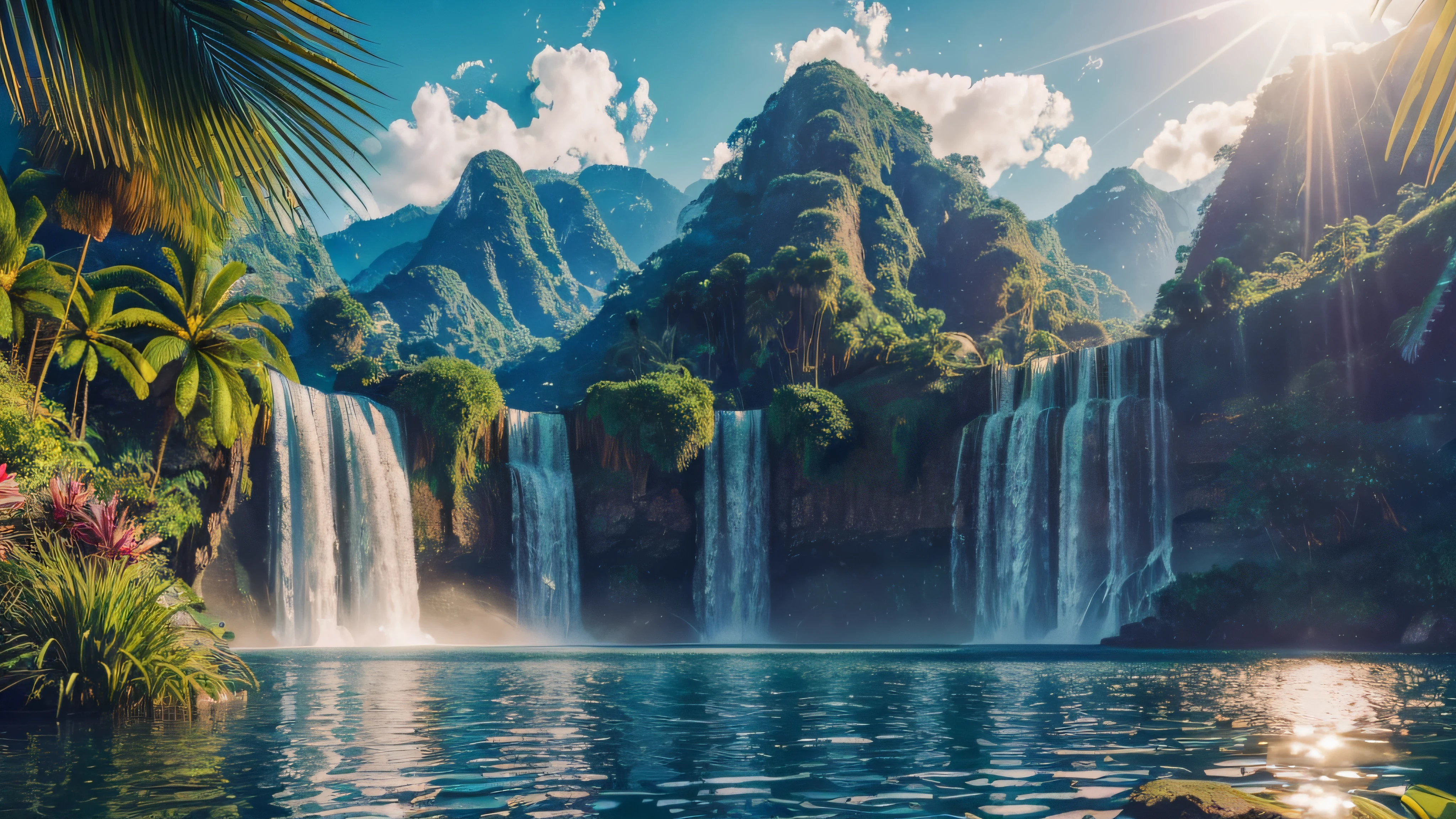 (extremely detailed CG unity 8k wallpaper, masterpiece, best quality, ultra-detailed), (best illumination, best shadow, an extremely delicate and beautiful), (realistic photo), (majestic tropical waterfall flowing down a lake), (colorful), (dramatic lighting), (beautiful sunny day), (peaceful and relaxing atmosphere)