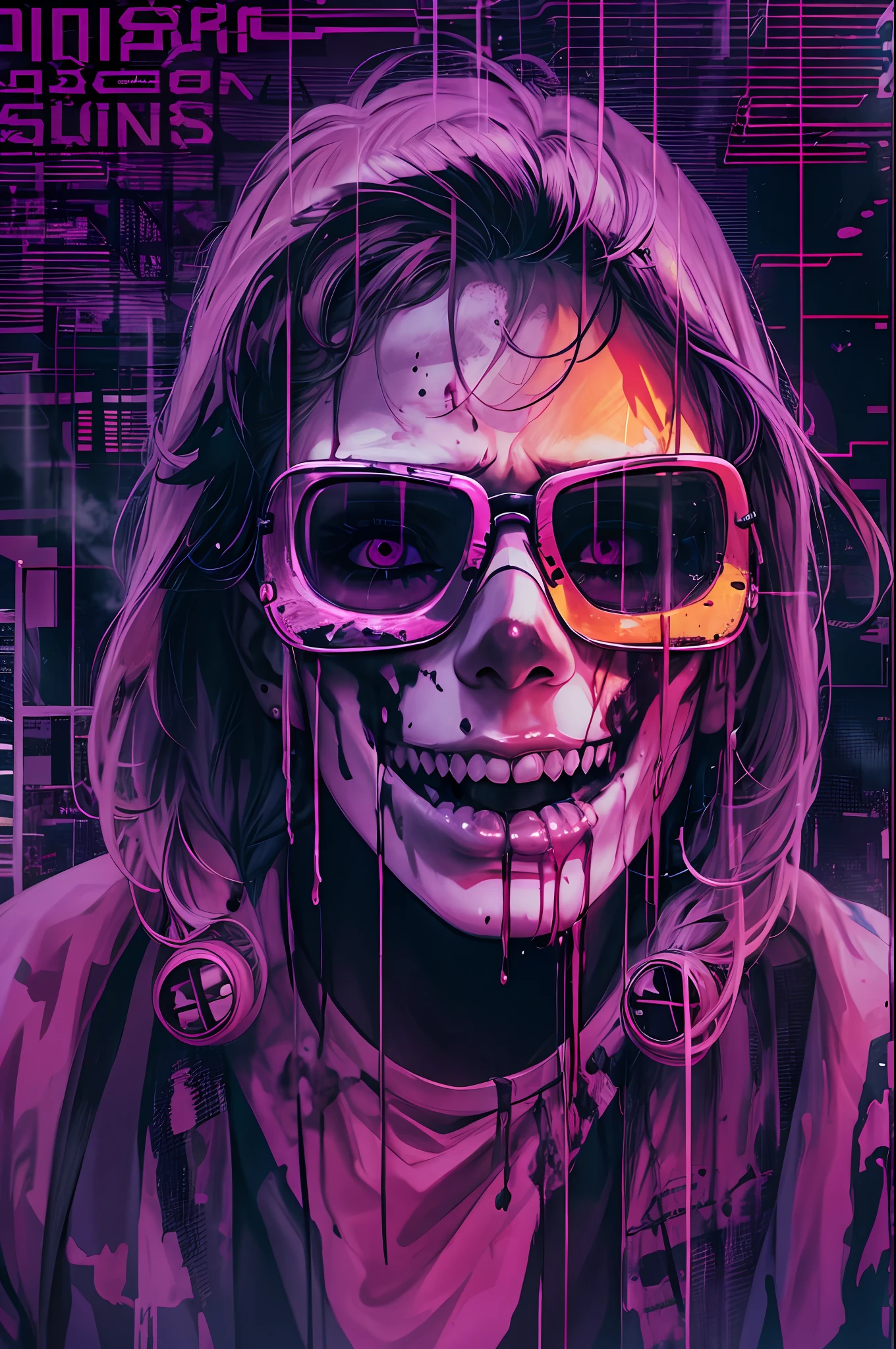 (masterpiece), best quality, expressive eyes, perfect face,(gritty:0.9),(80's aesthetic:1.1),(neon:0.8),(retro:0.9),(analog:1.1),(solo:0.8),(1 person:0.6),(skull:0.5),(sunglasses:0.7),(grim reaper:0.5),(purple and pink color scheme:0.9),(glitch:1.1),(noise:1.0),(black and white:0.6),(dripping letters:0.8),(vaporwave aesthetic:1.2),(digital distortion:0.9),(creepy smile:0.7),(blood splatters:0.8),(darkness:0.9),