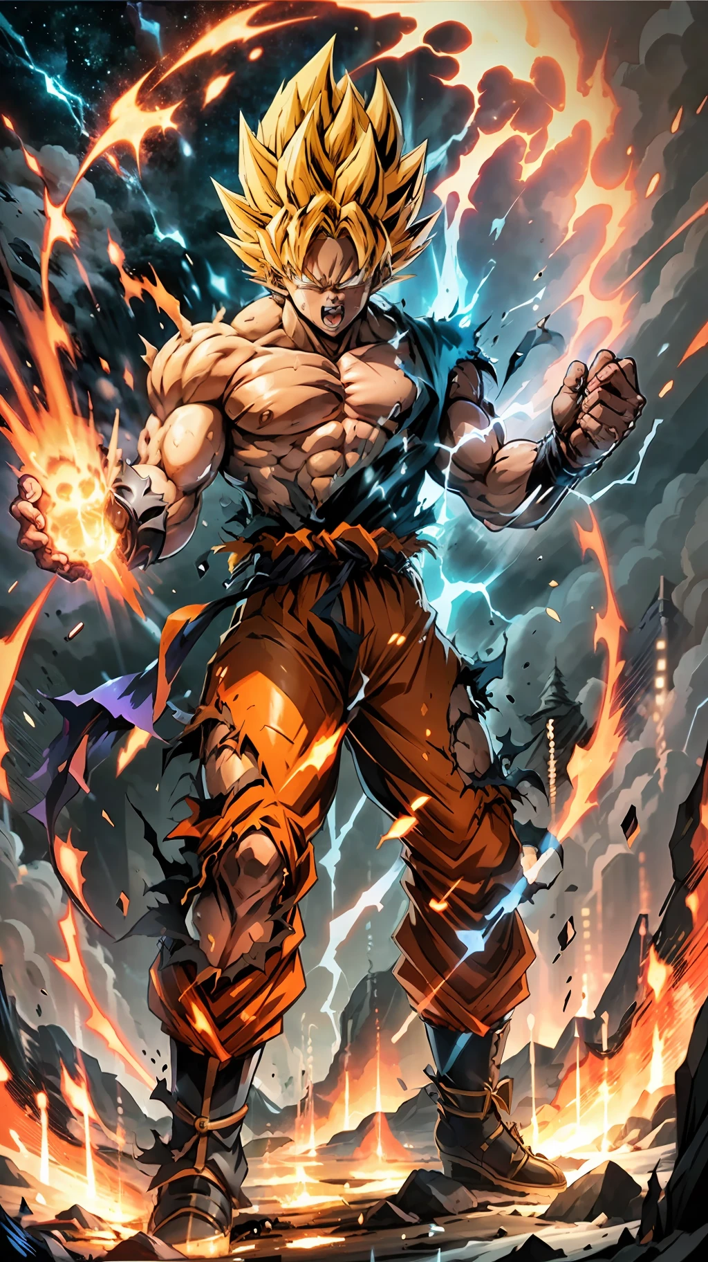 1male, solo, The Super Ice Saiyan unleashes huge energy waves that shatter the starry sky and generate huge shock waves. Standing on the ice dragon, the background is the rainstorm meteor universe. Energy waves are a mixture of orange tones with swirling patterns. (Ice Magic: 1.2), (Epic: 1.3), (Chaos Ingredients: 1.2), (Metal: 1.1), (Dark orange: 1.1), (Comic Book: 1.2), ((3D)), (((Actual))),