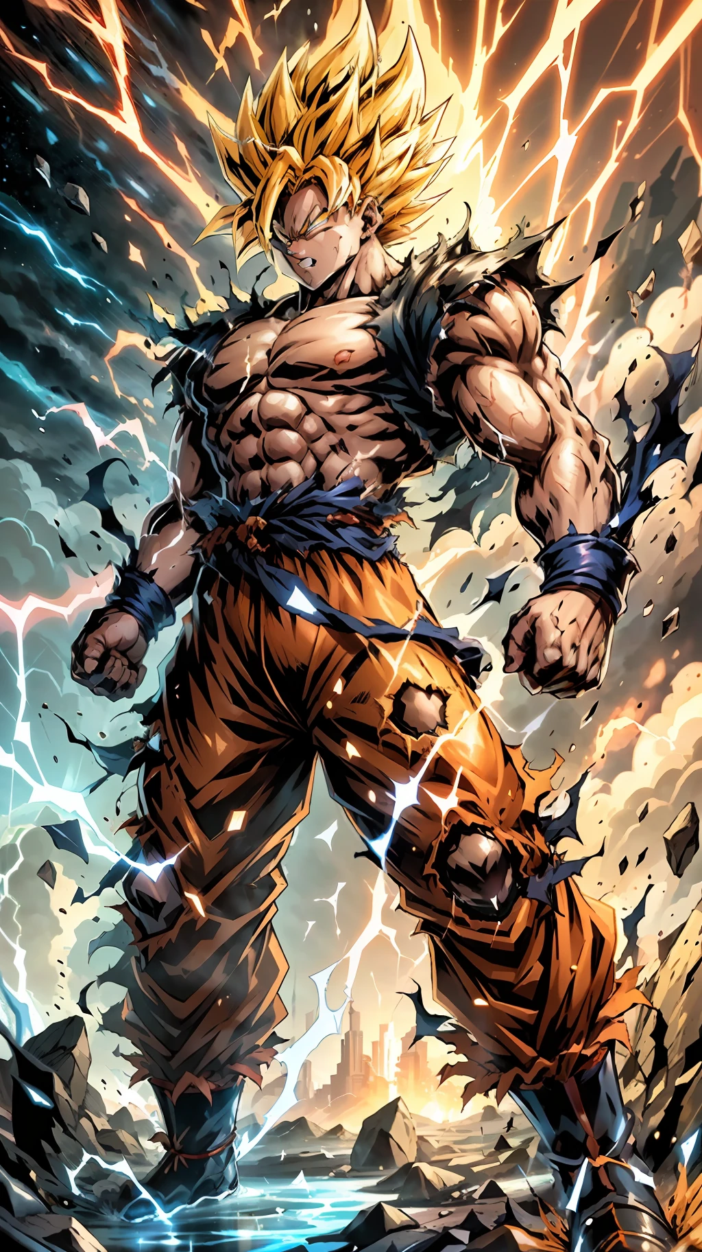 1male, solo, The Super Ice Saiyan unleashes huge energy waves that shatter the starry sky and generate huge shock waves. Standing on the ice dragon, the background is the rainstorm meteor universe. Energy waves are a mixture of orange tones with swirling patterns. (Ice Magic: 1.2), (Epic: 1.3), (Chaos Ingredients: 1.2), (Metal: 1.1), (Dark orange: 1.1), (Comic Book: 1.2), ((3D)), (((Actual))),