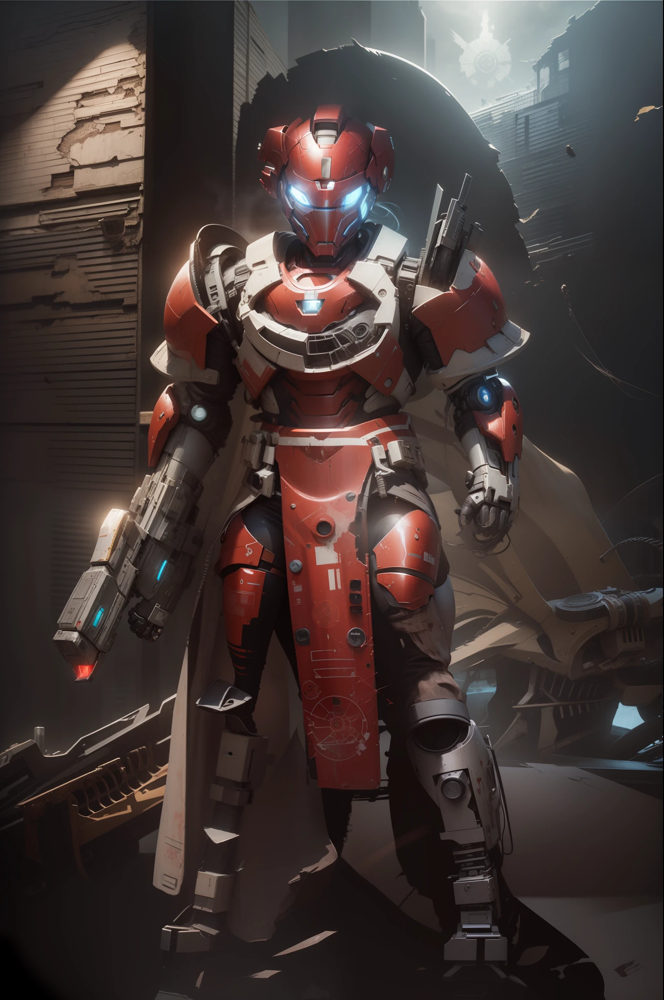 RAW, Masterpiece, Ultra Fine Photo,, Best Quality, Ultra High Resolution, Photorealistic, Sunlight, Full Body Portrait, Stunningly Beautiful,, Dynamic Poses, Delicate Face, Vibrant Eyes, (Side View) , she is wearing a futuristic Iron Man mech, red and gold color scheme, highly detailed abandoned warehouse background, detailed face, detailed and complex busy background, messy, gorgeous, milky white, high detailed skin, realistic skin details, visible pores , sharp focus, volumetric fog, 8k uhd, dslr camera, high quality, film grain, fair skin, photorealism, lomography, sprawling metropolis in futuristic dystopia, view from below, translucent