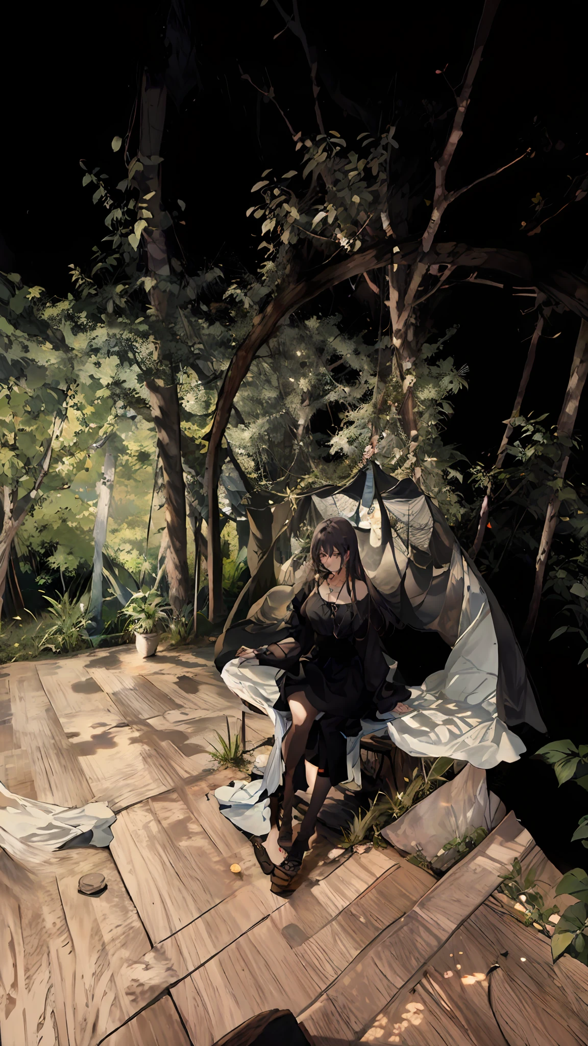 There's a woman sitting in a rocking chair in the dark, outdoors at night, na floresta da selva !!!, em uma floresta de doces! at night, na noite da selva !!!, in a deep lush jungle at night, em um ambiente de selva, in front of an amazing forest, in a tree house, noite ao ar livre, sentado no forrest, tempo de frio. boa vista