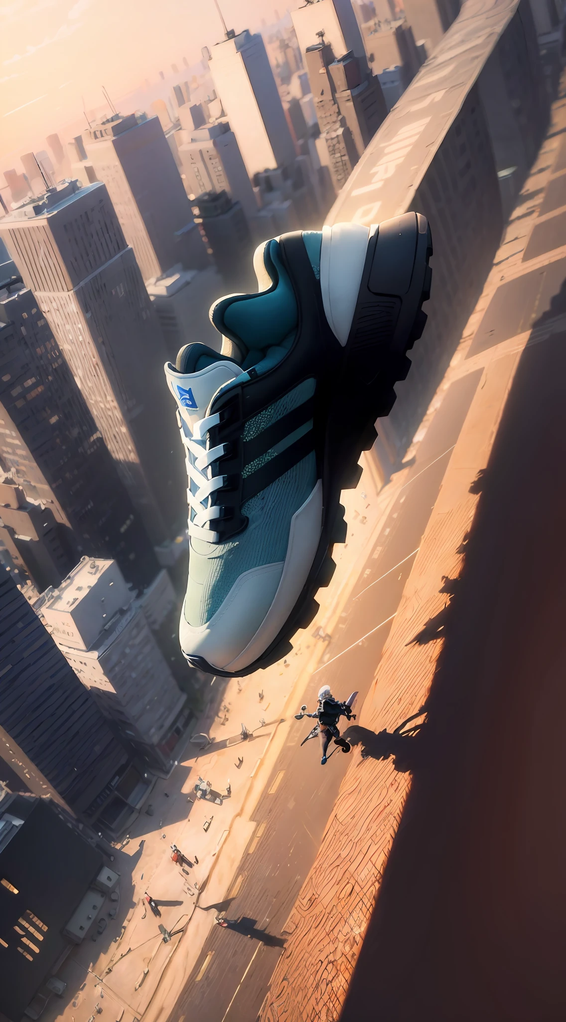 "(Absolute masterpiece), premier quality, an ultra-detailed CG wallpaper in 8K, depicting a futuristic scene where a pair of Axis Runner sneakers falls diagonally from the sky over New York in 2050."