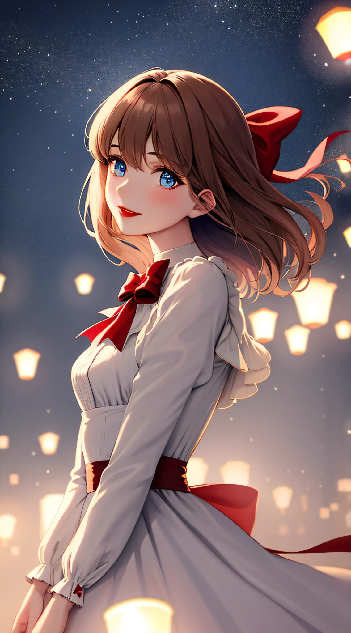 (extremely delicate and beautiful: 1.2), 1girl, bangs, blue eyes, blur, blur background, bow, brown hair, shut up, side view, hair between eyes, hair bow, lantern, light particles, long sleeves, look looking at audience, medium hair, night, red bow, solo, stars\(symbol\), upper body, smile, red lips
