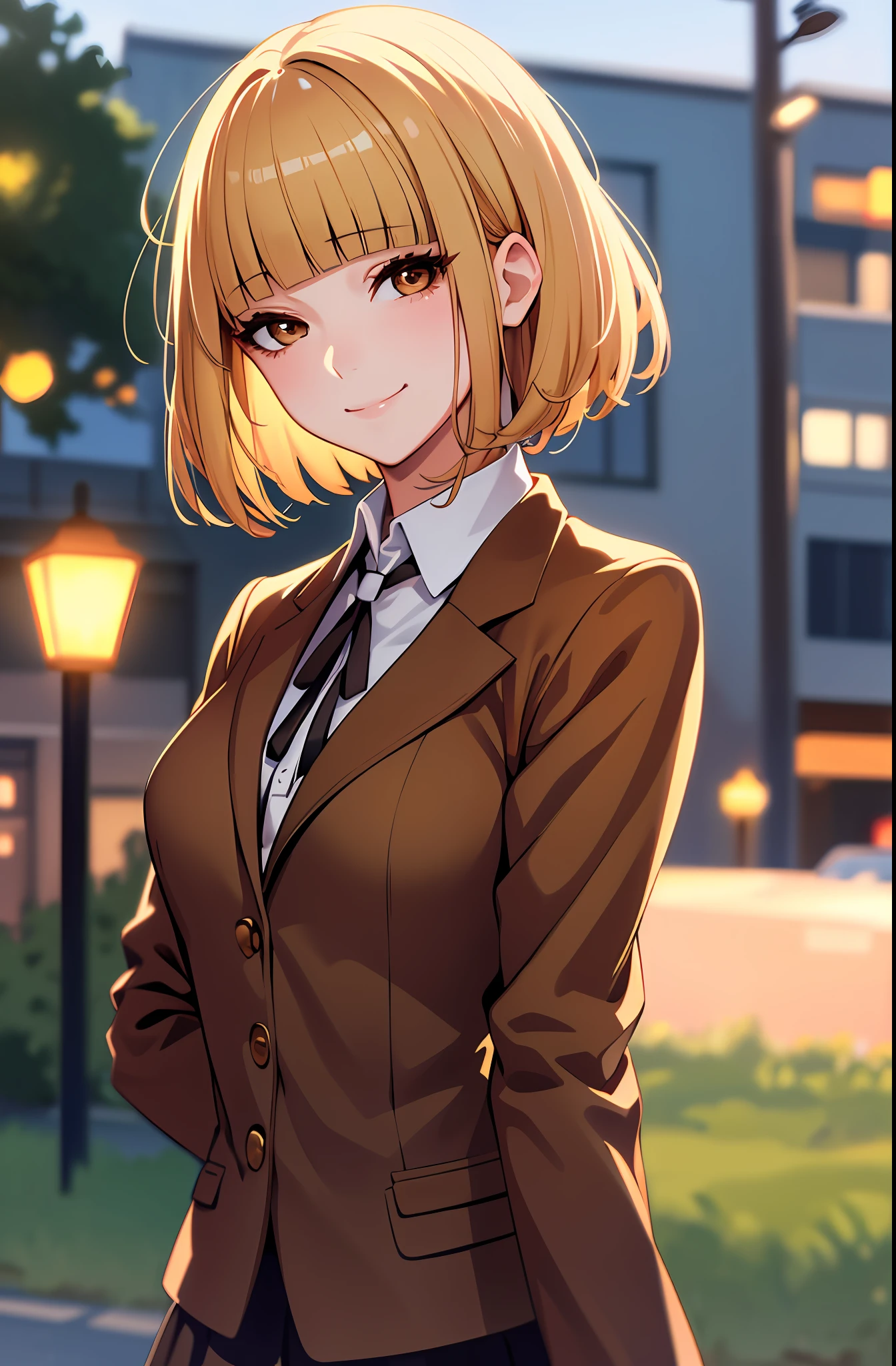 (masterpiece,best quality, detailed), 1girl, solo, outdoors, evening, upper body, smile, closed mouth, squinting, eyelashes,
midorikawa hana, brown jacket, neck ribbon, collared shirt, school uniform