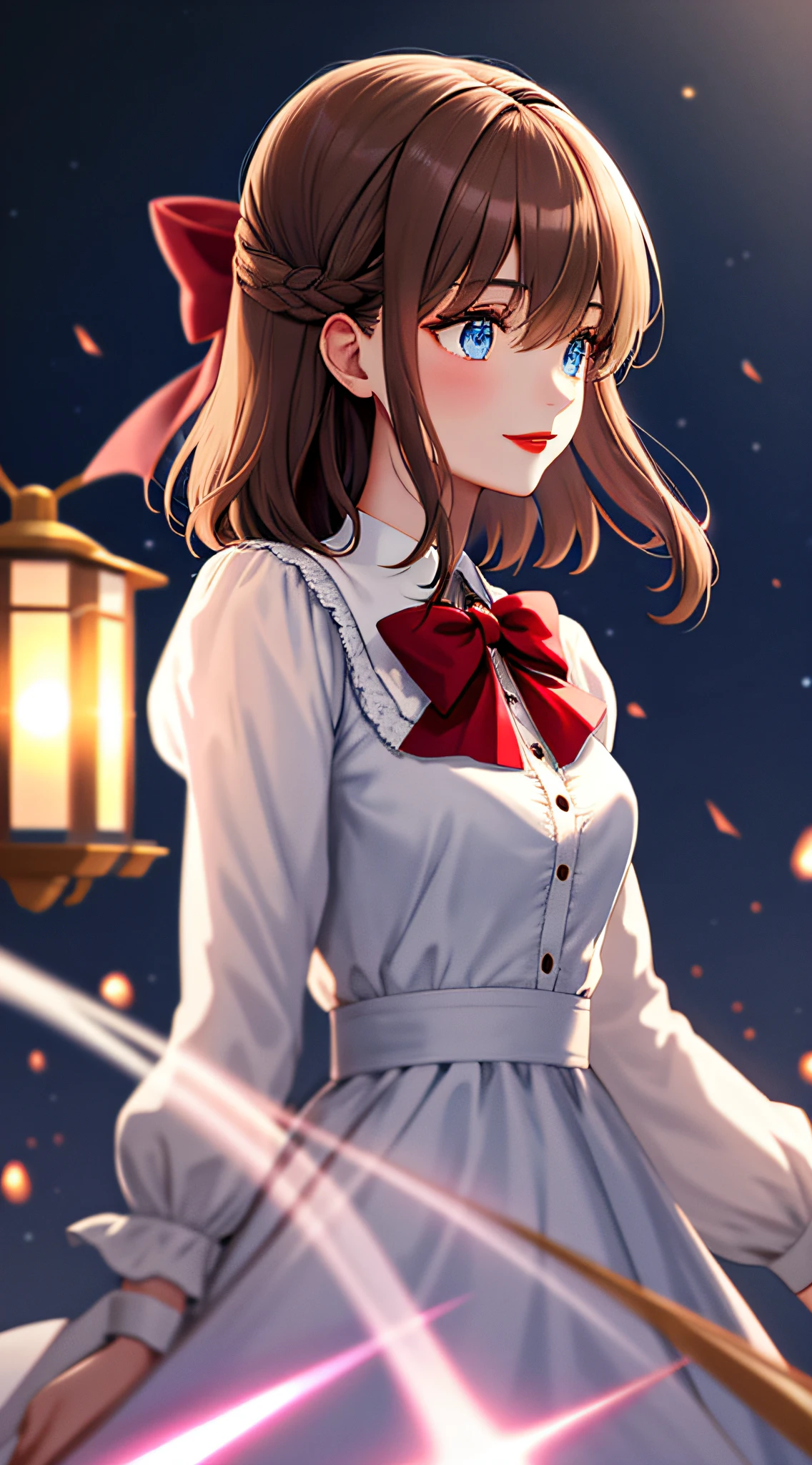 (extremely delicate and beautiful: 1.2), 1girl, bangs, blue eyes, blur, blur background, bow, brown hair, shut up, side view, hair between eyes, hair bow, lantern, light particles, long sleeves, look looking at audience, medium hair, night, red bow, solo, stars\(symbol\), upper body, smile, red lips