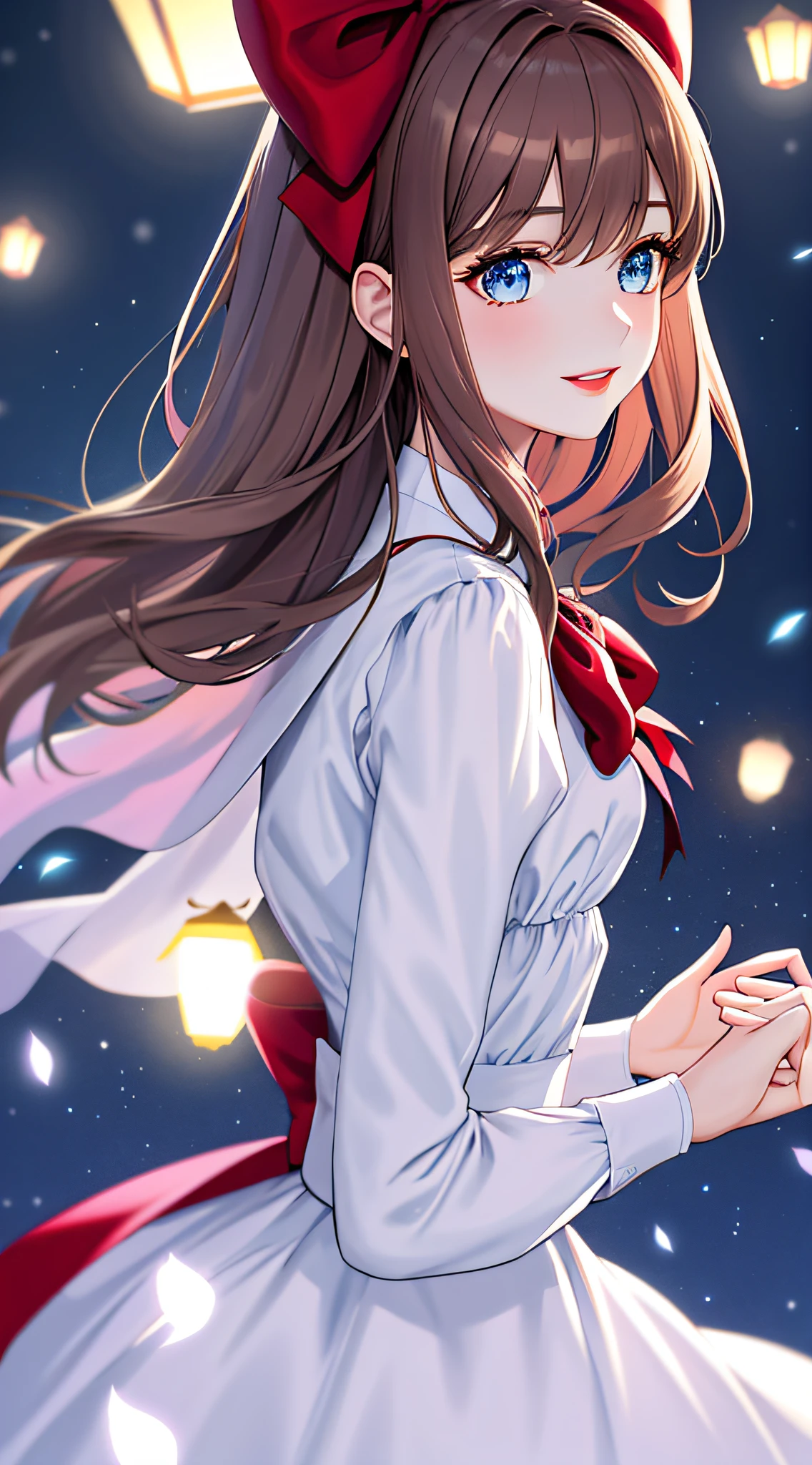 (extremely delicate and beautiful: 1.2), 1girl, bangs, blue eyes, blur, blur background, bow, brown hair, shut up, side view, hair between eyes, hair bow, lantern, light particles, long sleeves, look looking at audience, medium hair, night, red bow, solo, stars\(symbol\), upper body, smile, red lips