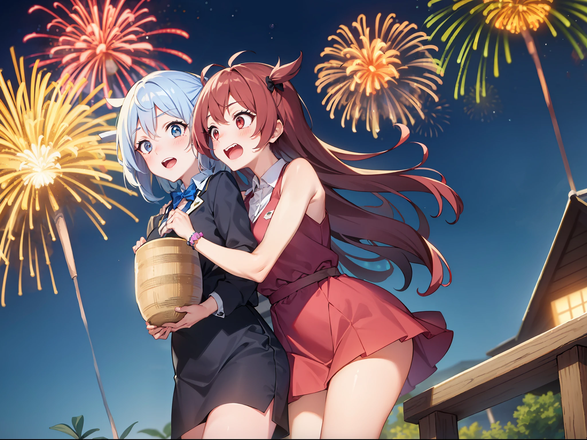 two female, Surprised by the big fireworks.