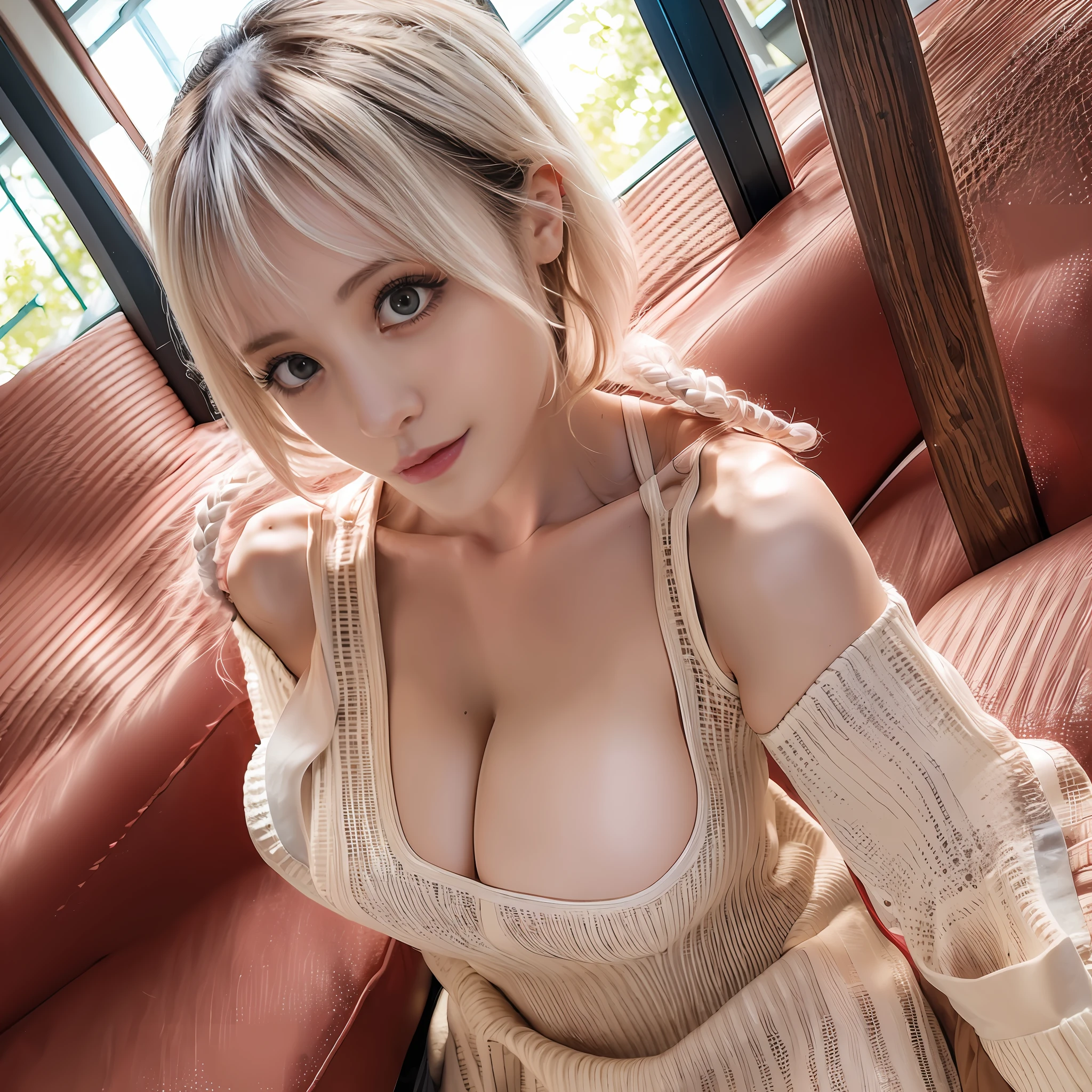 Study room,Sit Pose,Side Body,long whitr hair,knitwear,Superskirt,Delicate facial features,breast enhancement,review