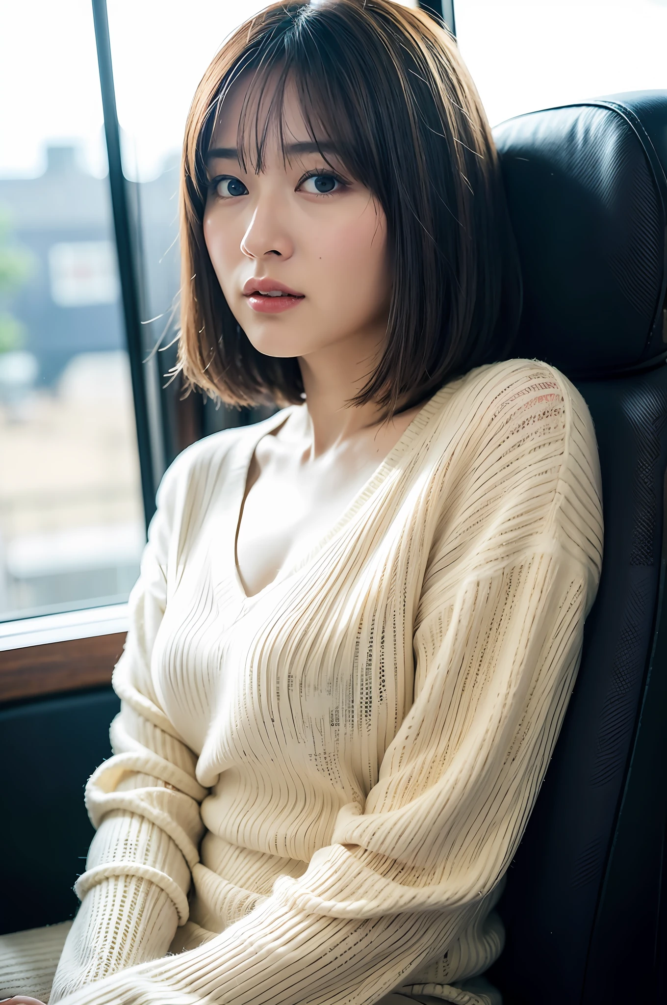 ((8K:1.27)、top-quality、​masterpiece、超A high resolution:1.2)photo beautiful Japanese woman(pleasing:1.1) (White knitwear:1.21) Design by Gregg Lutkowski and Alphonse Mucha Intricate Elegance、Fantasia、the detail、Geometry、Gradient lighting、1girl in、Delicate skin、looking at the viewers、Brown-eyed、(short hair with bangs:1.2)、(breasts are large:1.0)、(medium areola:0.8)、(realisitic:1.4)、(top-quality:1.0)、(超A high resolution:1.0)、8K、Raw photography、(​masterpiece:0.2)、(pureerosface_v1:0.5)、 Large movie theater、white  clothes、movie theatre、sitting in the seat、Angle from the side、profile、Sit next to you、view front、see -through、