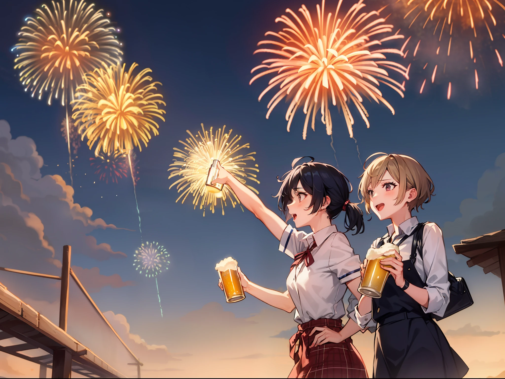 two female, Marvel at the big fireworks.Drinking beer