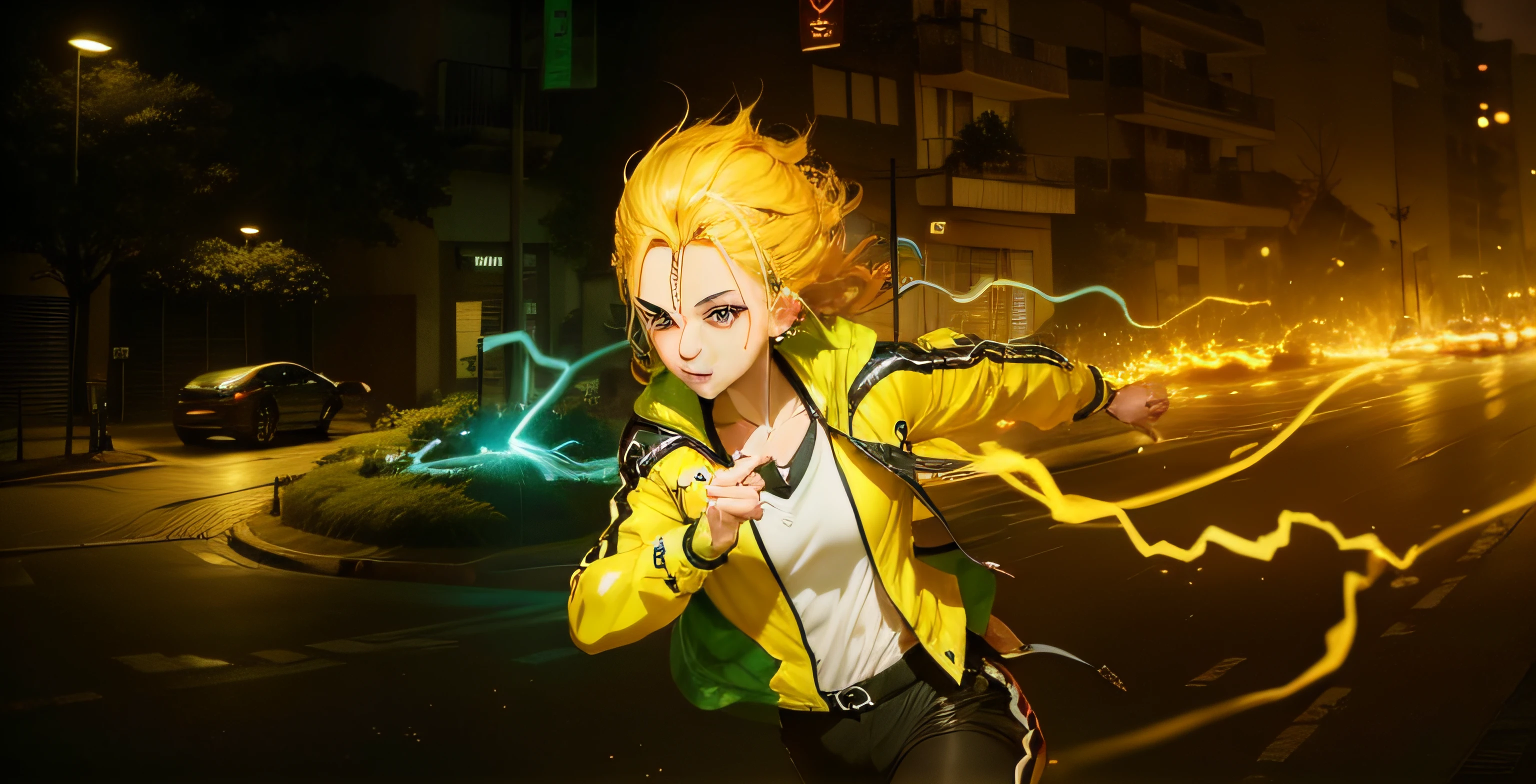 melhorar qualidade da imagem, hd, estilo anime, correndo, jacketa realista, olhos amarelos, raios --auto