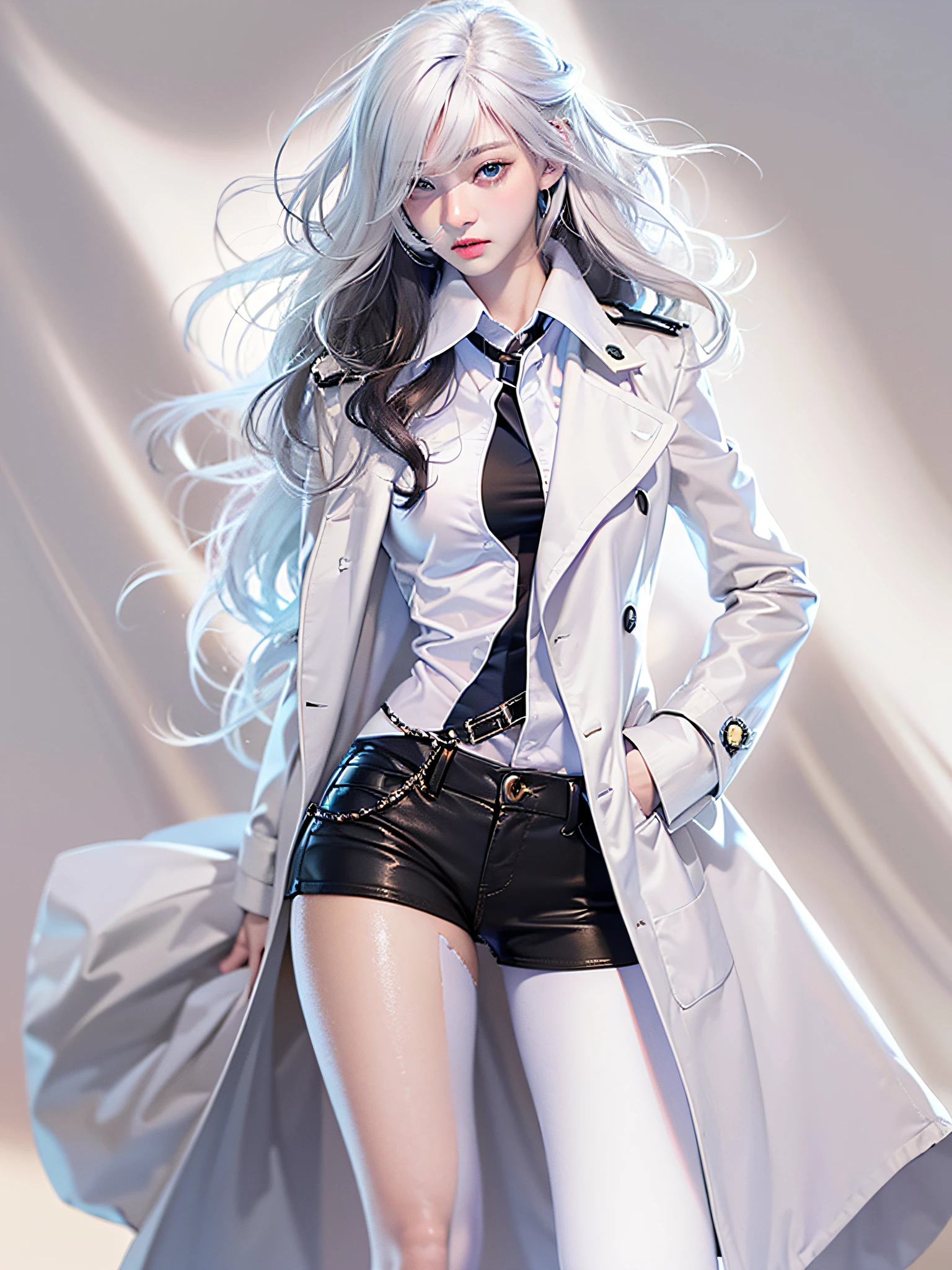 beautiful, girly, white trench coat, blue eyes, black shirt, white pants, black shoes, silver hair, thin, top quality, high resolution, 1080 p, (clear) face, (face detailed description), (hand detailed description), (masterpiece), CG (fine), extreme light and shadow, masterpiece, rich details, fine features, ,,