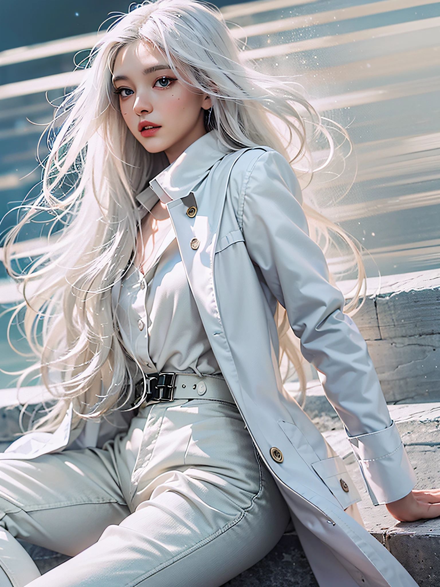 beautiful, girly, white trench coat, blue eyes, black shirt, white pants, black shoes, silver hair, thin, top quality, high resolution, 1080 p, (clear) face, (face detailed description), (hand detailed description), (masterpiece), CG (fine), extreme light and shadow, masterpiece, rich details, fine features, ,,