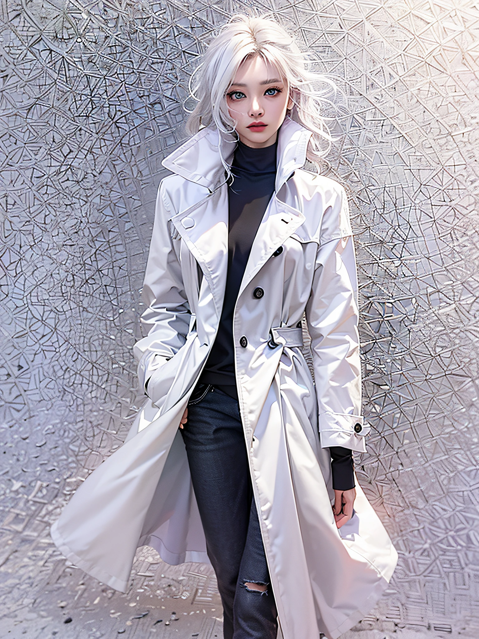 beautiful, girly, white trench coat, blue eyes, black shirt, white pants, black shoes, silver hair, thin, top quality, high resolution, 1080 p, (clear) face, (face detailed description), (hand detailed description), (masterpiece), CG (fine), extreme light and shadow, masterpiece, rich details, fine features, ,,