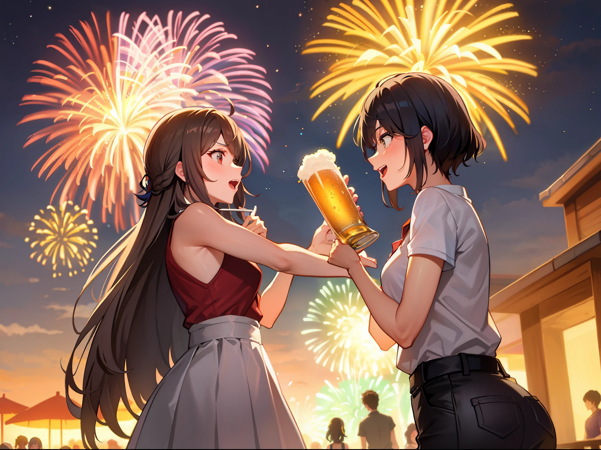two female, Marvel at the big fireworks.Drinking beer