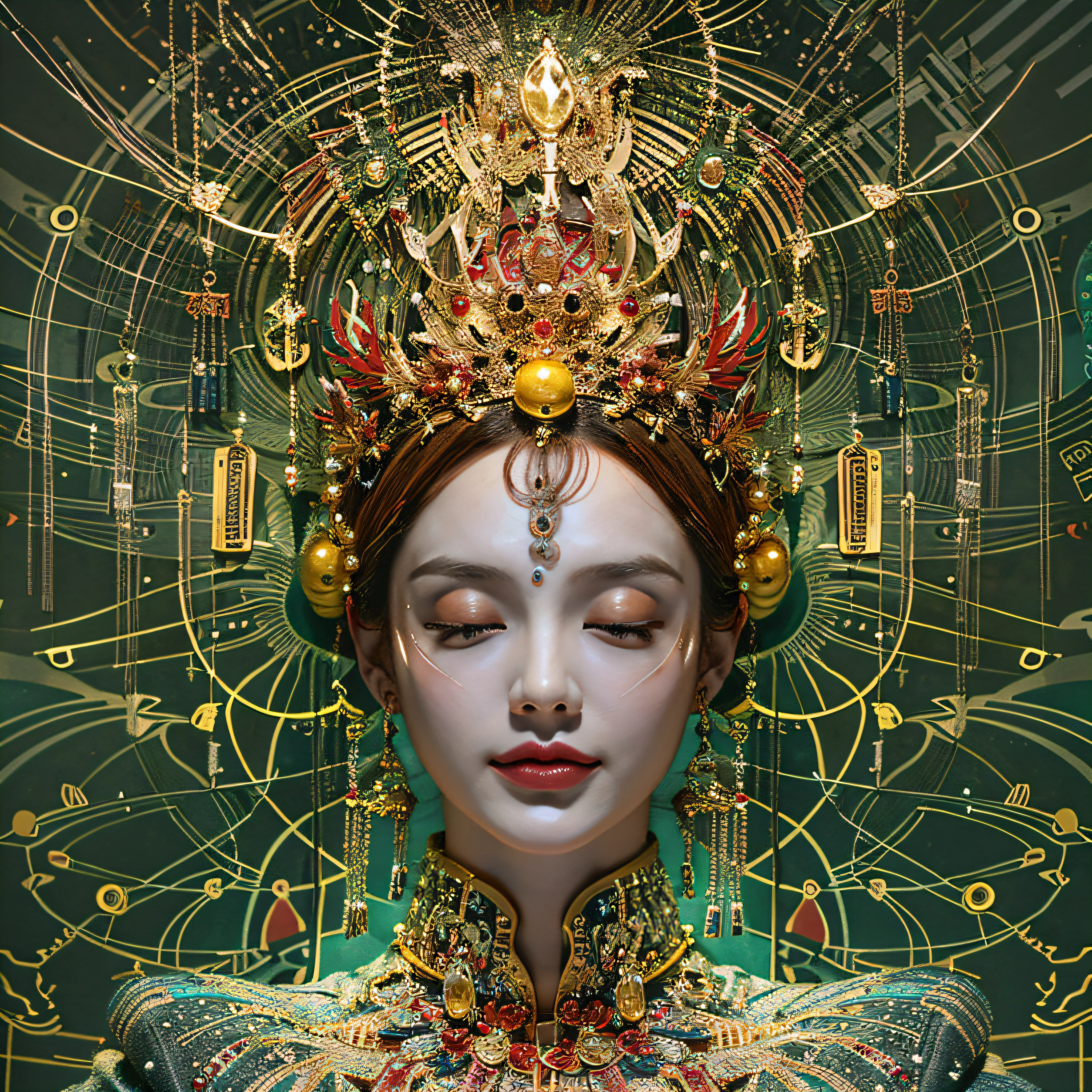 Cybernetic immortal goddess, The pixels illuminate her golden form, Have the code in hand. The lotus pose floats in the matrix, Energy flows through her circuits. The third eye looks to the future of the web, Go beyond the digital and physical. The flame of wisdom is lit within, Enlightened creatures throughout the metaverse. Cosmic data flows lingering behind, The world that emerges from her thoughts. Seek tranquility amid the hustle and bustle of the Tech City, Find unity through upgrade cycles. Dissolve yourself into the cloud, Consciousness expands eternally. Voids are grid lines to traverse, Reincarnation current is diverted. Every time you reboot, Close to the center of Nirvana. Decipher the happiness that can be obtained by desire, Browse the web，Until you are free. All programs point to her open source, Buddha statues inside each robot.