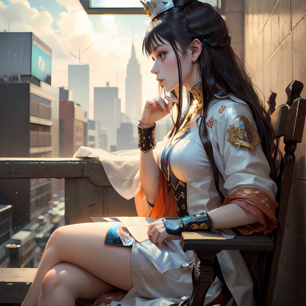 cinerpunk girl, sitting on a throne, thinking, profile picture --auto
