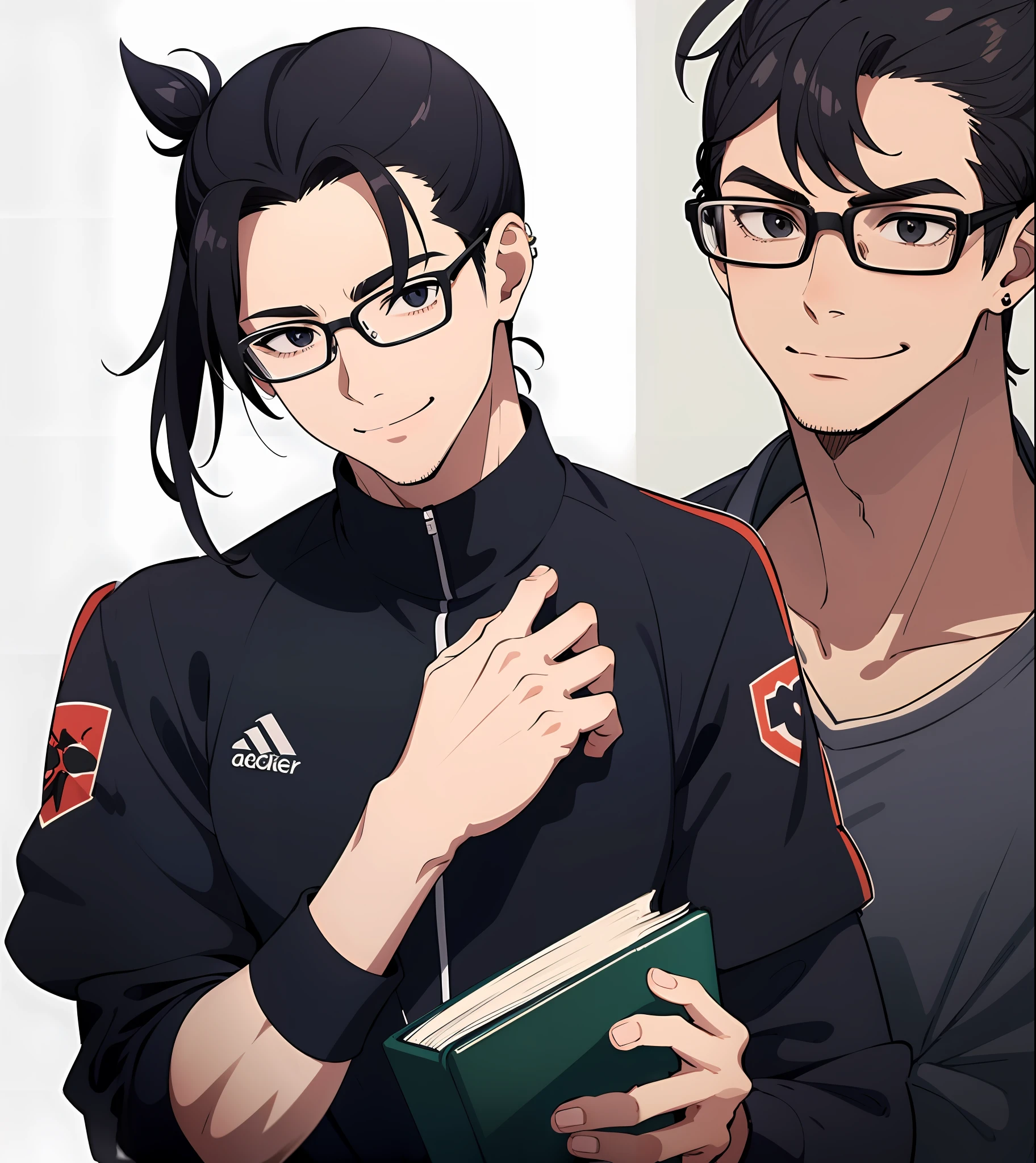 (masterpiece), (best quality), (super detail) expressive eyes, perfect face, 1man, man, smile, lazy eye, bring book, glasses, teacher, normal skin, (wearing soccer kits player), black eyes, ear piercing, man bun black hair, (a white background)