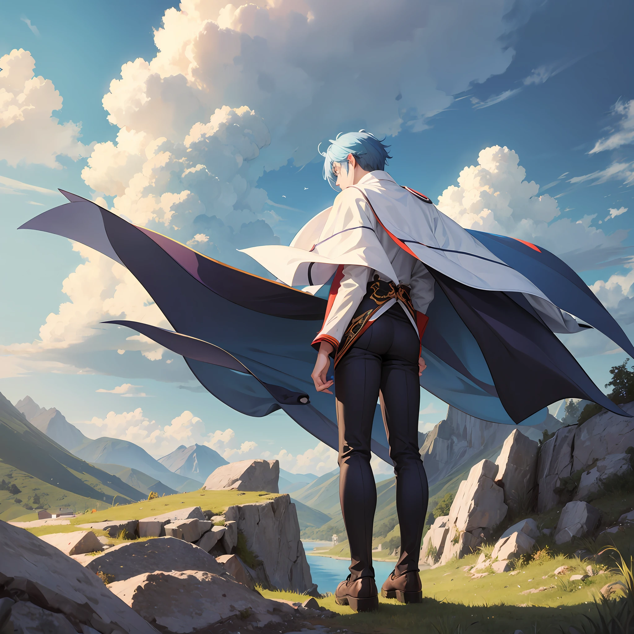Anime male lonely firm back facing giant mountain pale blue --auto