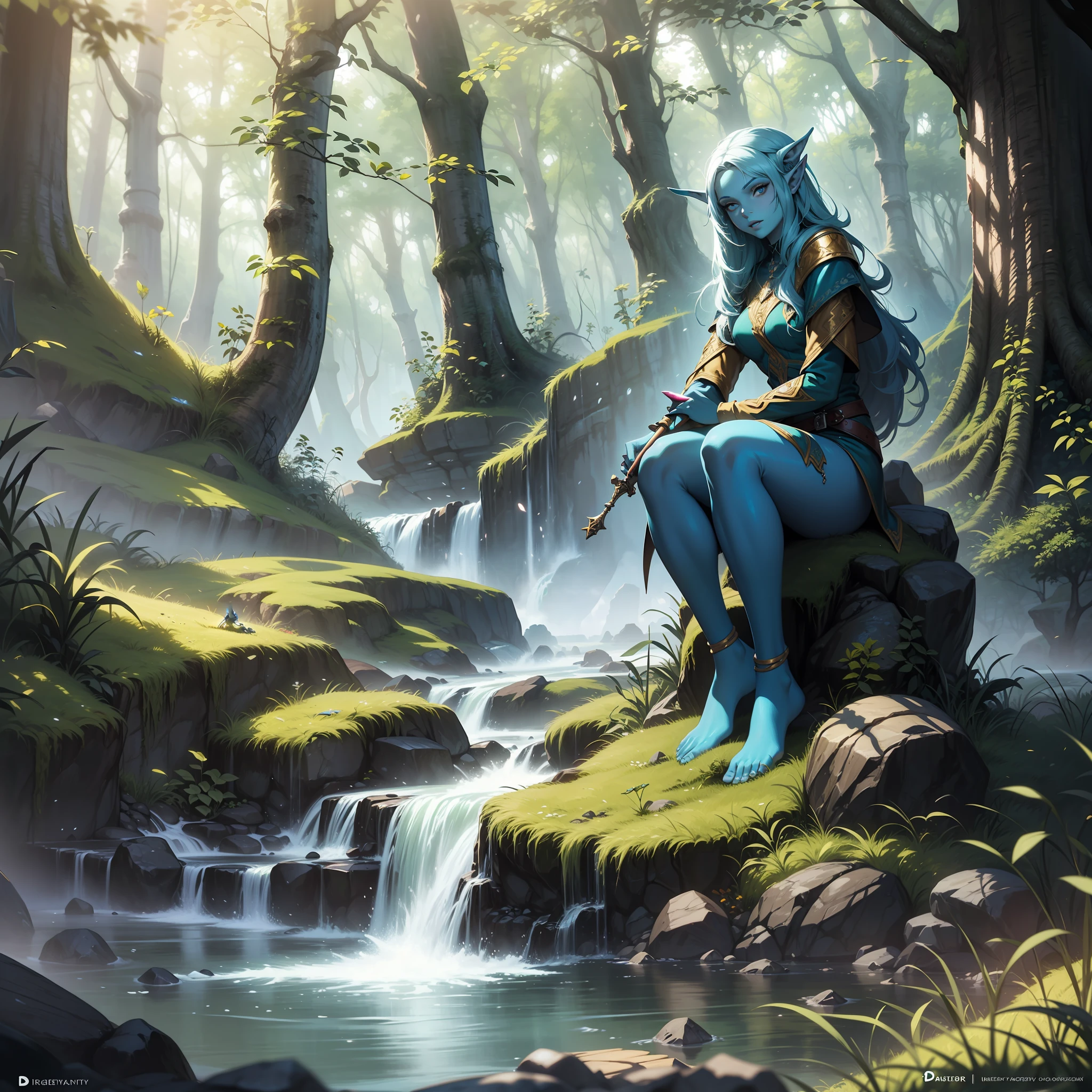 Eleven woman ((Blue Skin)) sitting on a rock in a forest with a stream, realistic fantasy illustration, fantasy art style, realistic fantasy artwork, deviantart artstation cgscosiety, elf girl, realistic fantasy painting, peaceful elven forest, digital 2d fantasy art, fantasy style art, beautiful wood elf, epic fantasy art style, fantasy digital painting, portrait of an elf