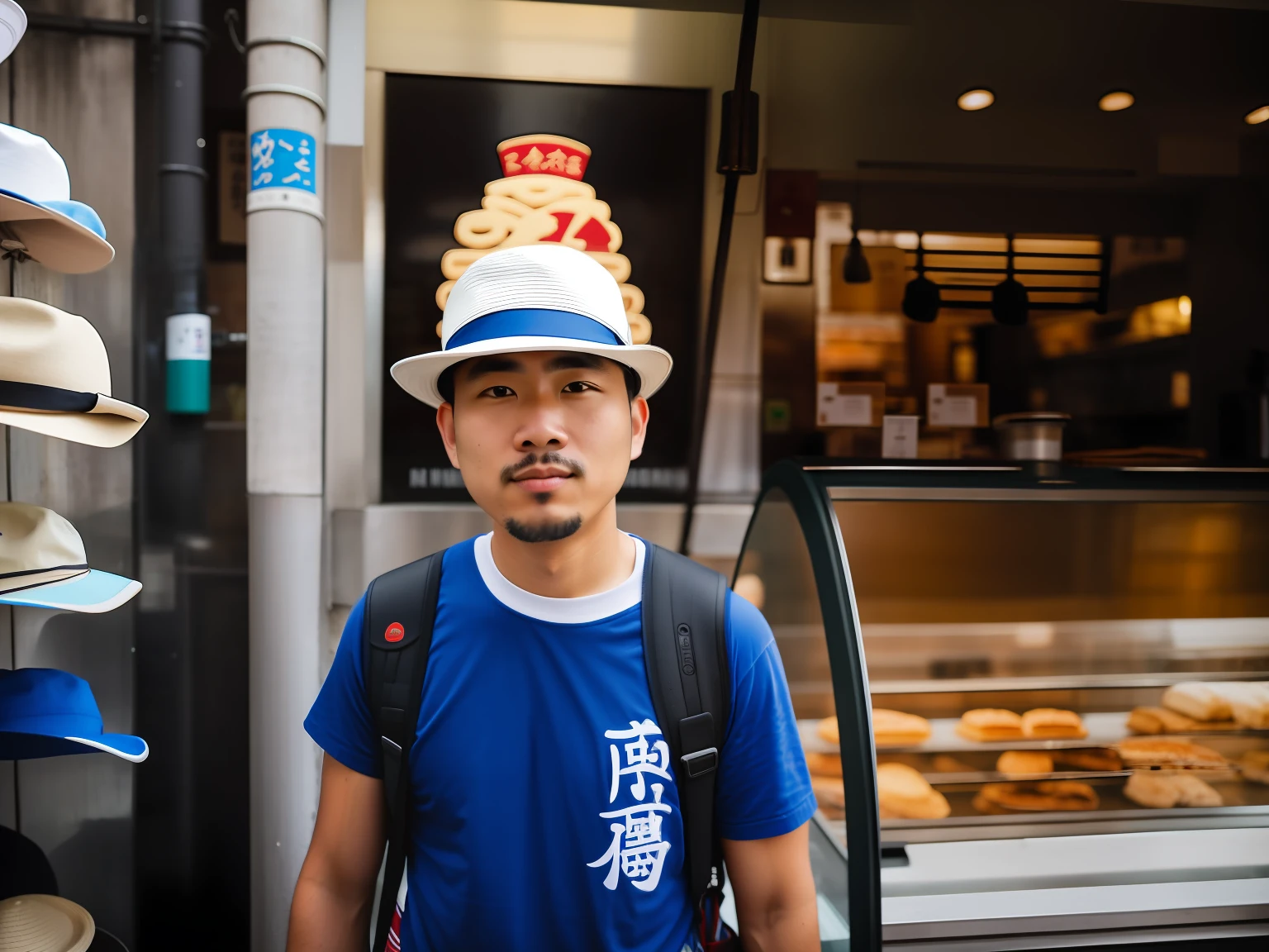 There was a man standing in front of the bakery，With a hat on, wearing a travel hat, shot on leica sl2, in front of ramen shop, taken with sony alpha 9, in hong kong, shot on nikon z9, he's wearing a hat, shot with sony alpha 1 camera, chinese artist, clothed in ancient street wear --auto