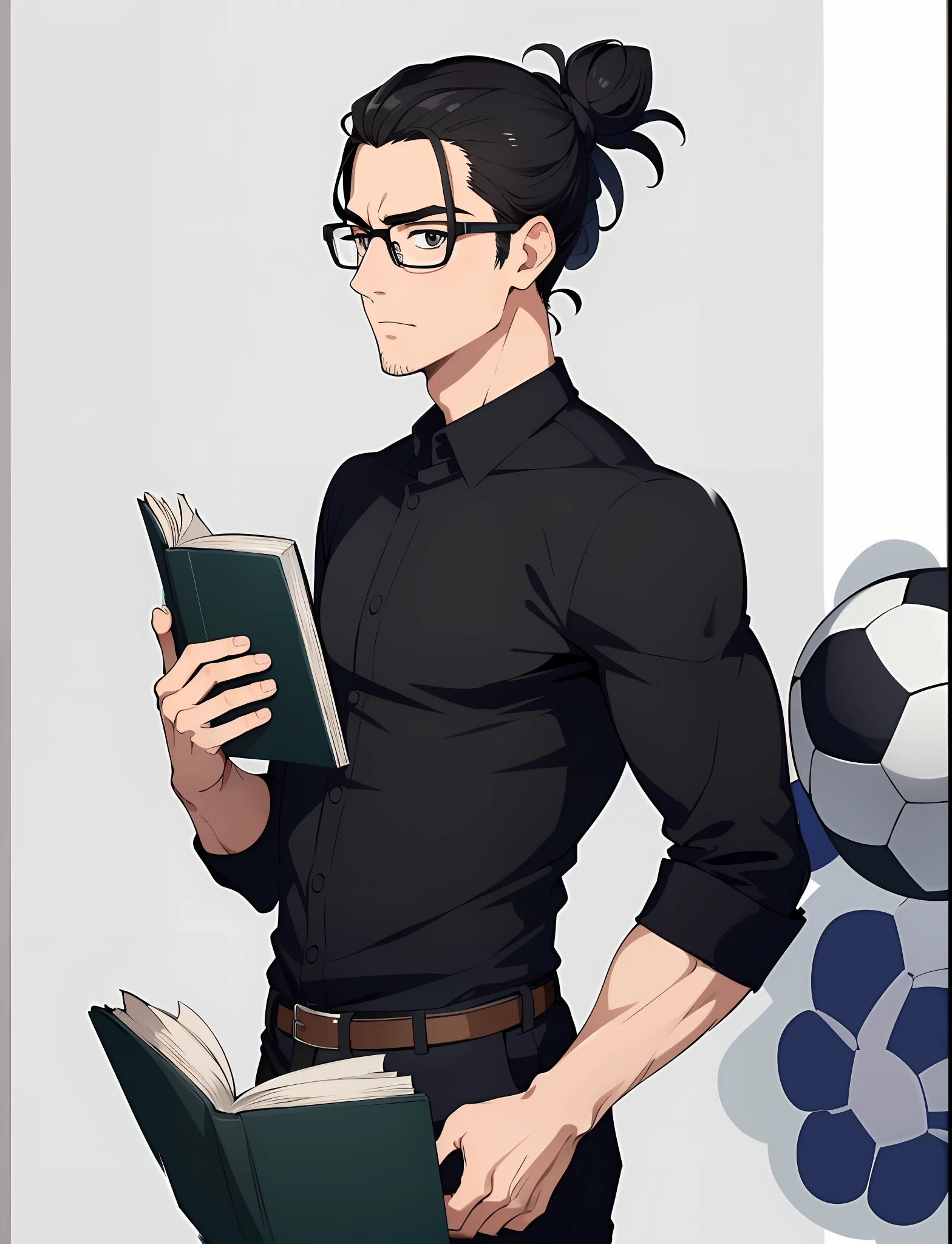 (masterpiece), (best quality), (super detail) expressive eyes, perfect face, 1man, man, smile, lazy eye, bring book, glasses, teacher, normal skin, (wearing soccer kits player), black eyes, ear piercing, man bun black hair, (a white background)