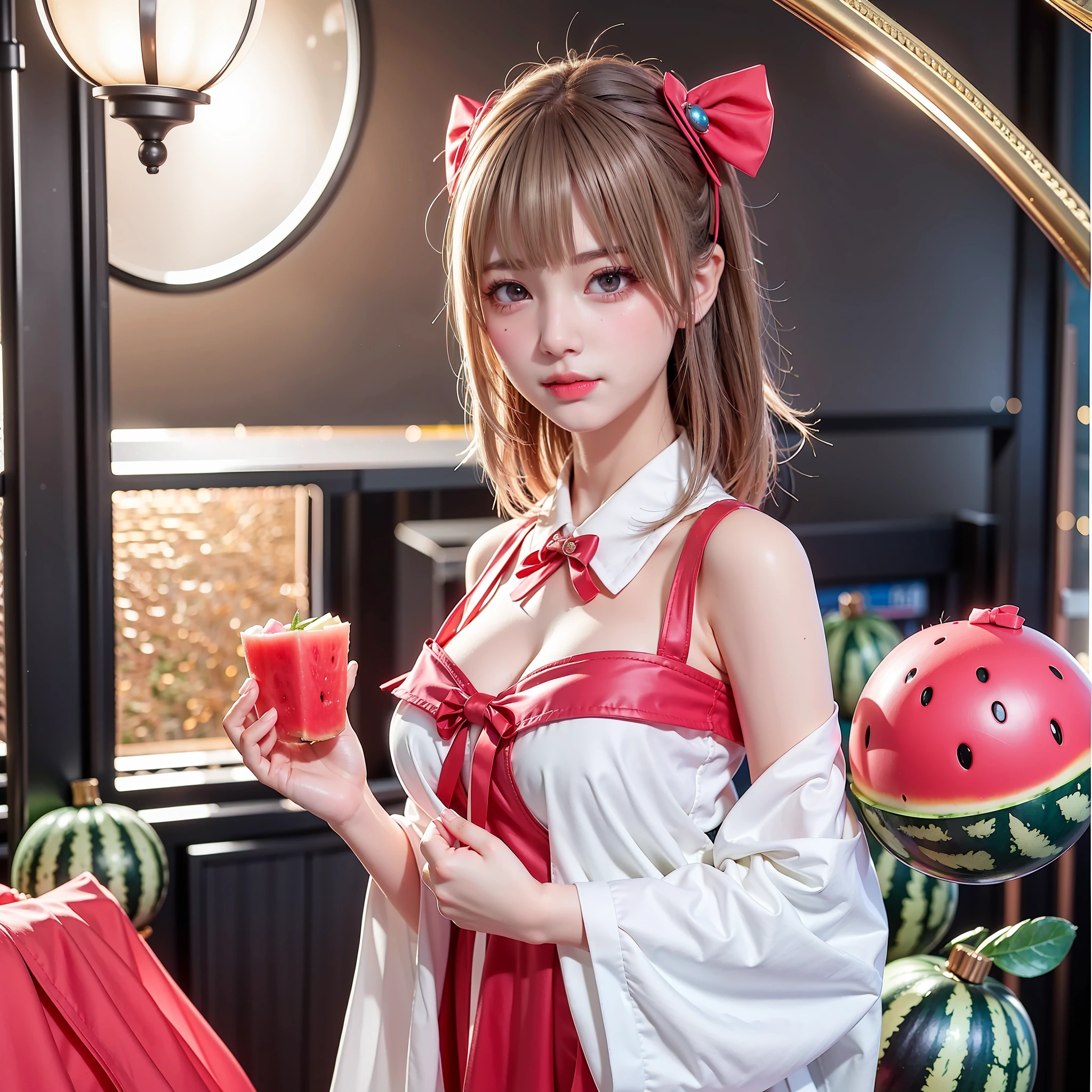 (8K、4K、Top image quality、hight resolution:1.2)、(Masteristic、realisitic、photoRealstic:1.37)、1girl in、Solo 1.2、Personification of watermelon Cosplay beauitful face、Eye lashes、nase、shiny lip、(finely eye、see the beholder、light skinned、de pele branca:1.5)、fine complexion、The upper part of the body、
Colossal tits、Colossal tits,,,
、blonde hair、A pink-haired、bangss、hair adornments、the bow、
年轻、Watermelon costume Surrounded by watermelons Panty close-up 1.0