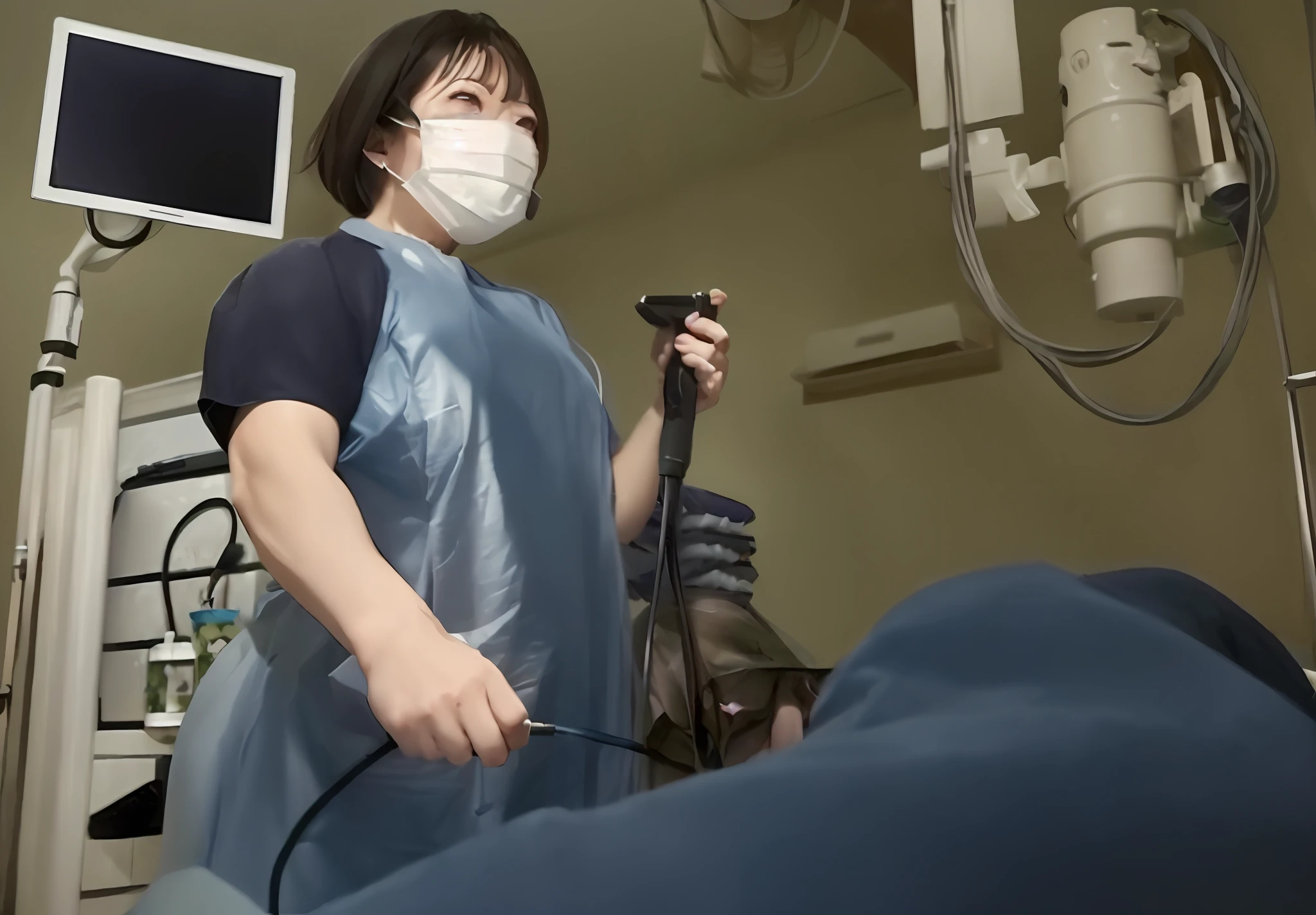 Alafed woman in surgical gown with blow dryer, (8K、top-quality、masterpiece:1.2)、(realisitic、Photorealsitic:1.37)、ultra-detailliert、Sadistic Female Doctor 2、Man lying on table 1、(Female doctor inserting endoscope into man:2)、Female doctor with thick endoscope、 (Devilish Smile:1.15)、small tits,Beautiful fineness,(shirt with collar:1.1),Surgical gowns、 surgery room,A female doctor who loves abuse、Female doctor with sadistic propensity、Female doctor with a cruel personality、Female doctor treats patients as objects、A female doctor enjoying from the bottom of her heart、Female doctor with perverted habits、Female doctor excited and delighted、Devilish Smile、Look at viewers、(Smoking:1.2)