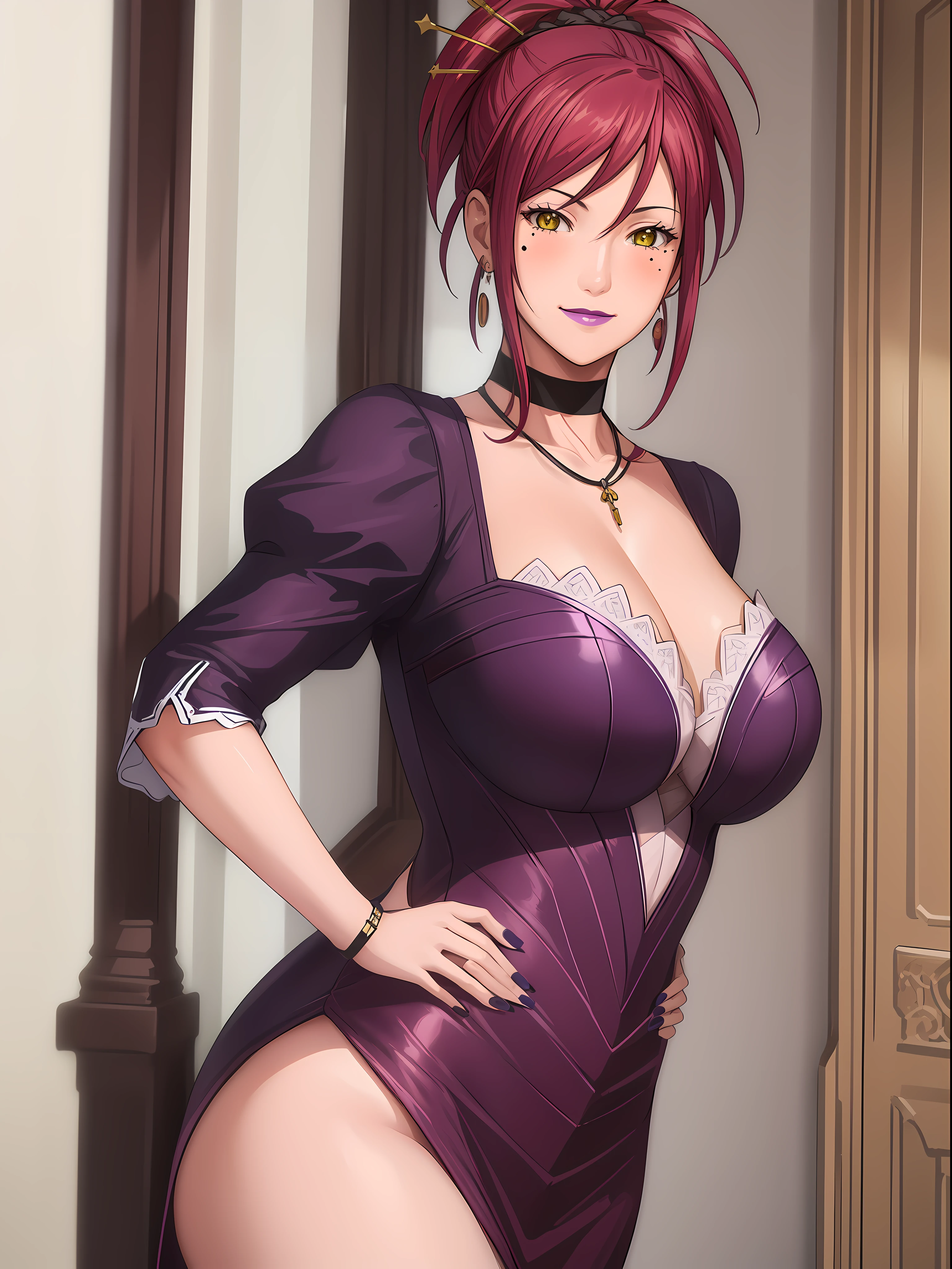 (Masterpiece, Best Quality, High Quality:1.4), professional artwork, for desktop wallpaper, Intricate Details, field of view, sharp focus, detailed painting, photorealistic lighting, trending on pixiv, 1girl, (vivid lighting, vibrant colors:1.05), realistic shadows, ambient occlusion,
Marie Mamiya, mature female, milf, solo, (curvy:1.1), luxury room, (half body shot:1.1), look to viewer,
(red hair:1.05), hair ornament, lipstick, makeup, (mole under eye:0.9), choker, ultra detail hair, ultra detail face, (yellow glowing eyes:1.05), perfect eyes, perfect face, perfect retina, earrings, (seductive look, blush:1.15), bitch, lewd face, smile,
(purple, main dress:1.4), choker, necklace, fingernails, flawless drawn, no blur
(Large Breasts:1.15)