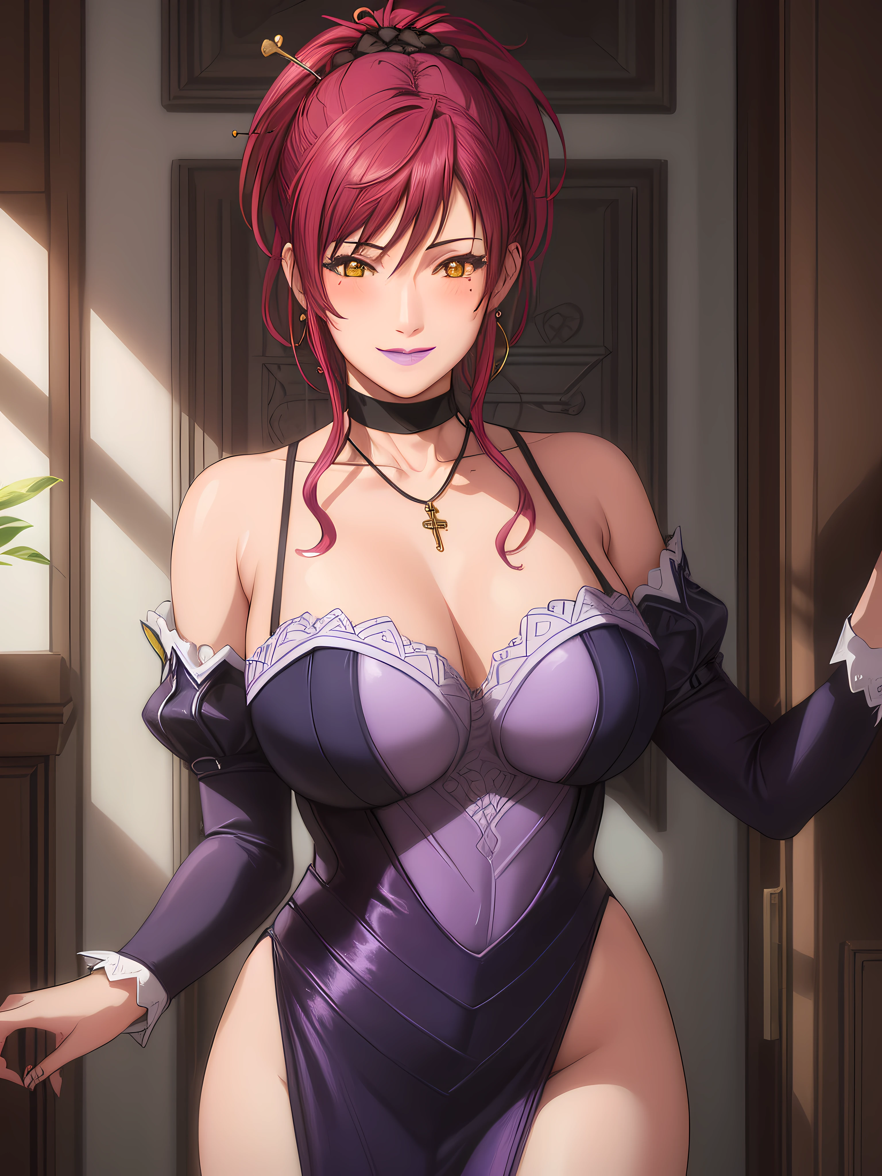 (Masterpiece, Best Quality, High Quality:1.4), professional artwork, for desktop wallpaper, Intricate Details, field of view, sharp focus, detailed painting, photorealistic lighting, trending on pixiv, 1girl, (vivid lighting, vibrant colors:1.05), realistic shadows, ambient occlusion,
Marie Mamiya, mature female, milf, solo, (curvy:1.1), luxury room, (half body shot:1.1), look to viewer,
(red hair:1.05), hair ornament, lipstick, makeup, (mole under eye:0.9), choker, ultra detail hair, ultra detail face, (yellow glowing eyes:1.05), perfect eyes, perfect face, perfect retina, earrings, (seductive look, blush:1.15), bitch, lewd face, smile,
(purple, main dress:1.4), choker, necklace, fingernails, flawless drawn, no blur
(Large Breasts:1.15)