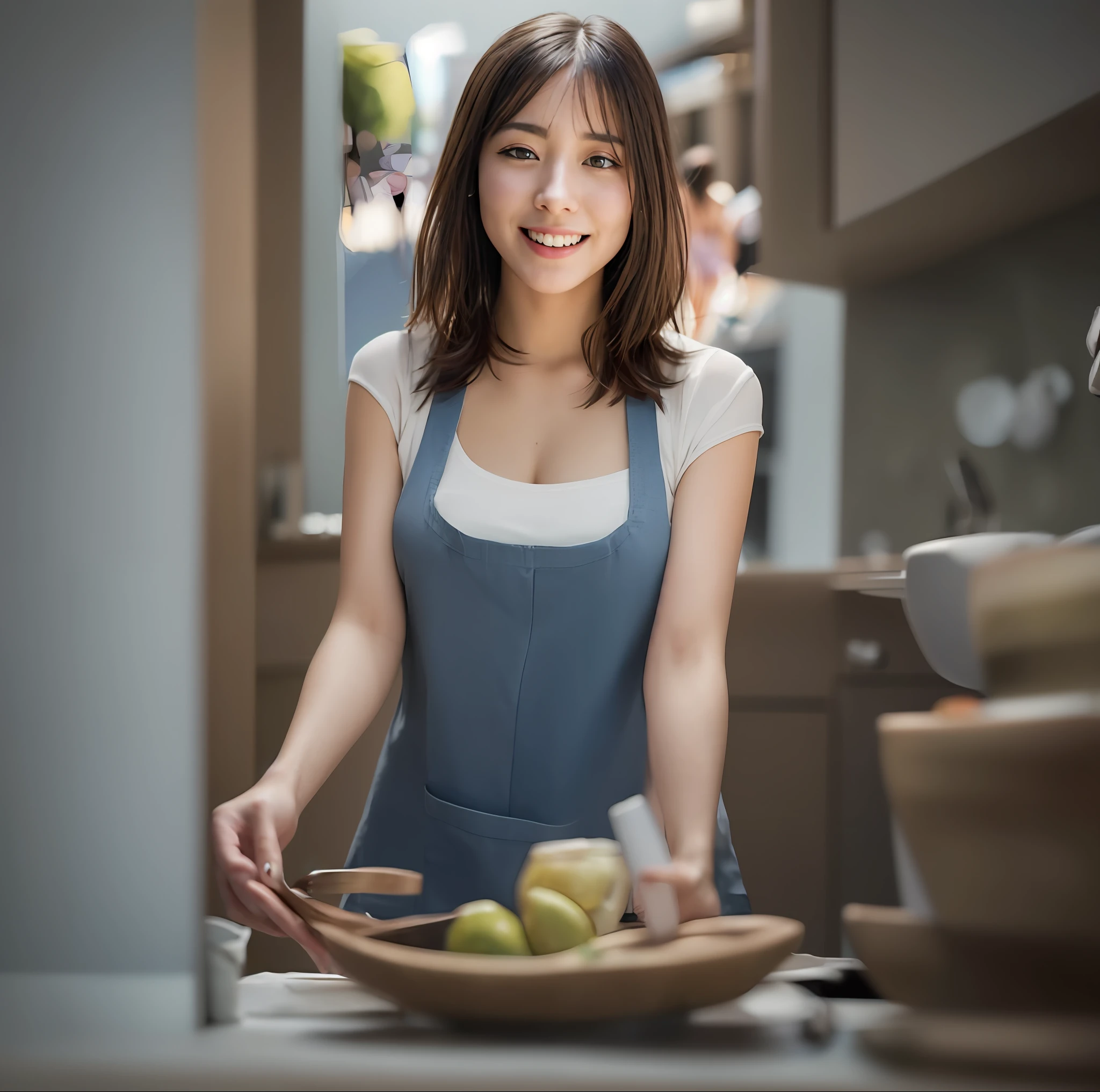 a woman is cooking、(kitchin_Apron:1.Wear 3)、Good Hand、4K、hight resolution、​masterpiece、top-quality、Cap:1.3、((Hasselblad photo))、Fine skin、foco nítido、(lighting like a movie)、Soft lighting、dynamic ungle、[:(详细的脸:1.2):0.2]、Medium chest、sweats streamed skin:1.2、(((In the kitchen))) A smile　Beautiful smile　Colossal tits　Beautiful body　Viewer's Perspective