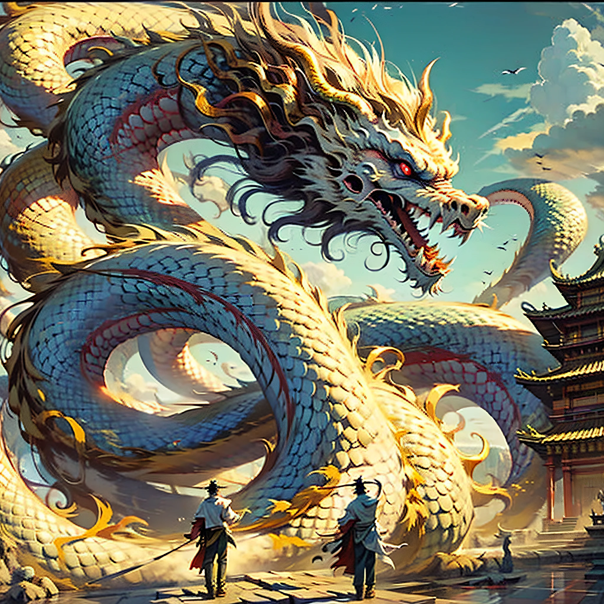 Best quality at best,tmasterpiece,超高分辨率,(The long:1.2),clouds,buliding,east asian architecture,red eyes,banya,with her mouth open,Skysky,Fang,a Oriental Dragons,mostly cloudy sky,A wizard stands on an ancient building casting spells,