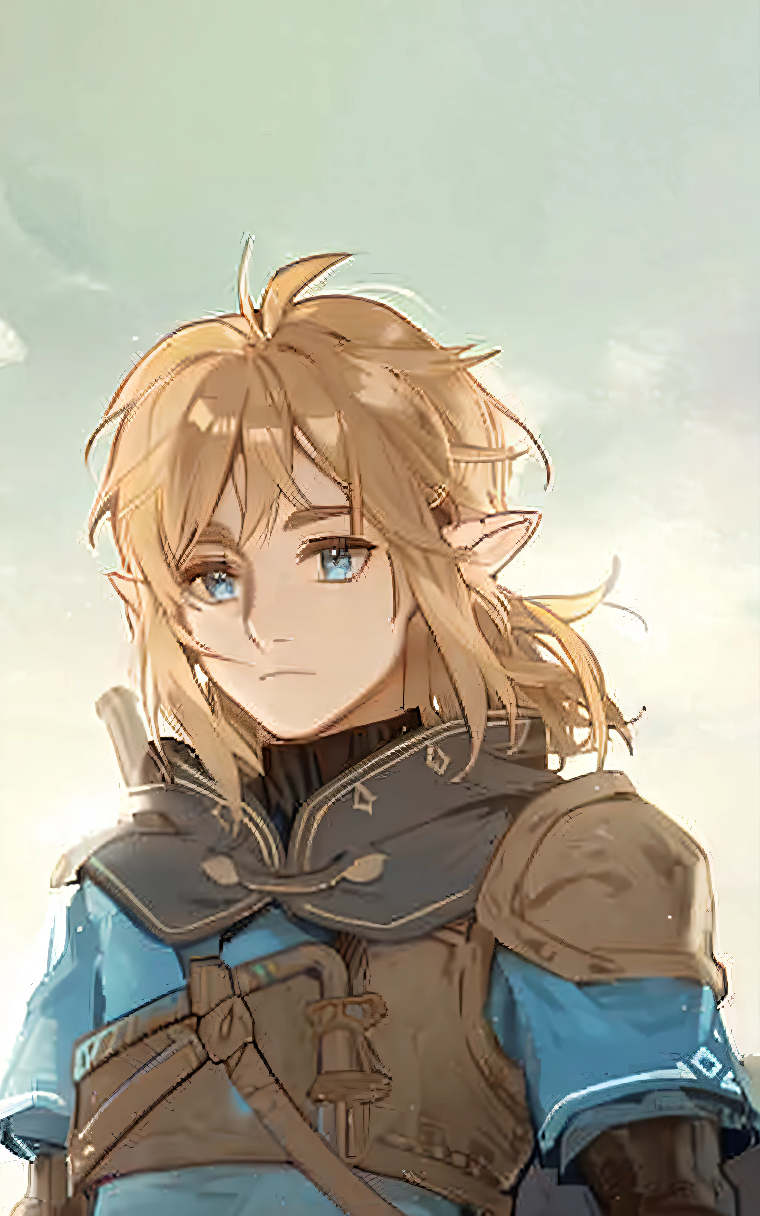 a close up of a person with a sword in a field, zelda botw, botw style, botw, female protagonist 👀 :8, female protagonist, portrait of zelda, from legend of zelda, link from zelda, breath of the wild style, a portrait of link, beautiful androgynous prince, zelda, breath of the wild art style