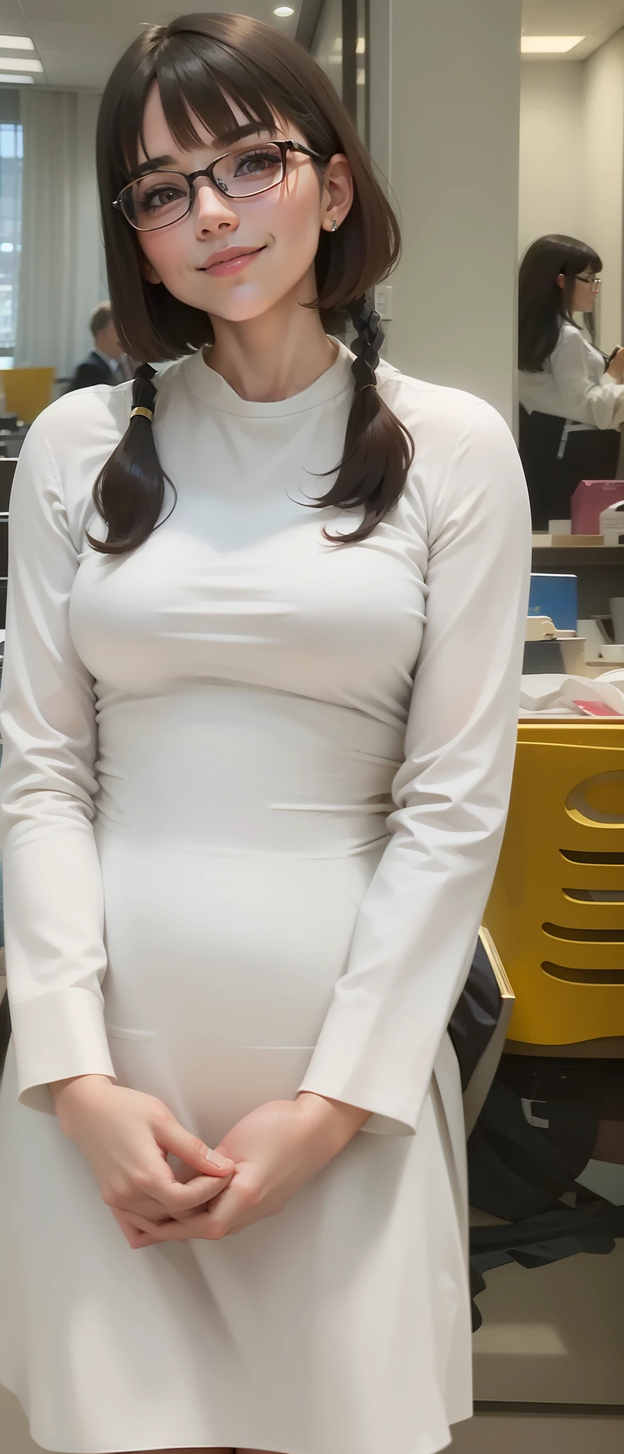 (best quality, masterpiece1.2), detailed,1girl, solo,looking at viewer,simple background, Over-the-shoulder shot,selfie, 
dynamic pose,smile ,detailed eyes , full body, red eyes, dark hair ,  bob cut, office lady, mature male, necktie, glasses, miniskirt, underwear
bokuman