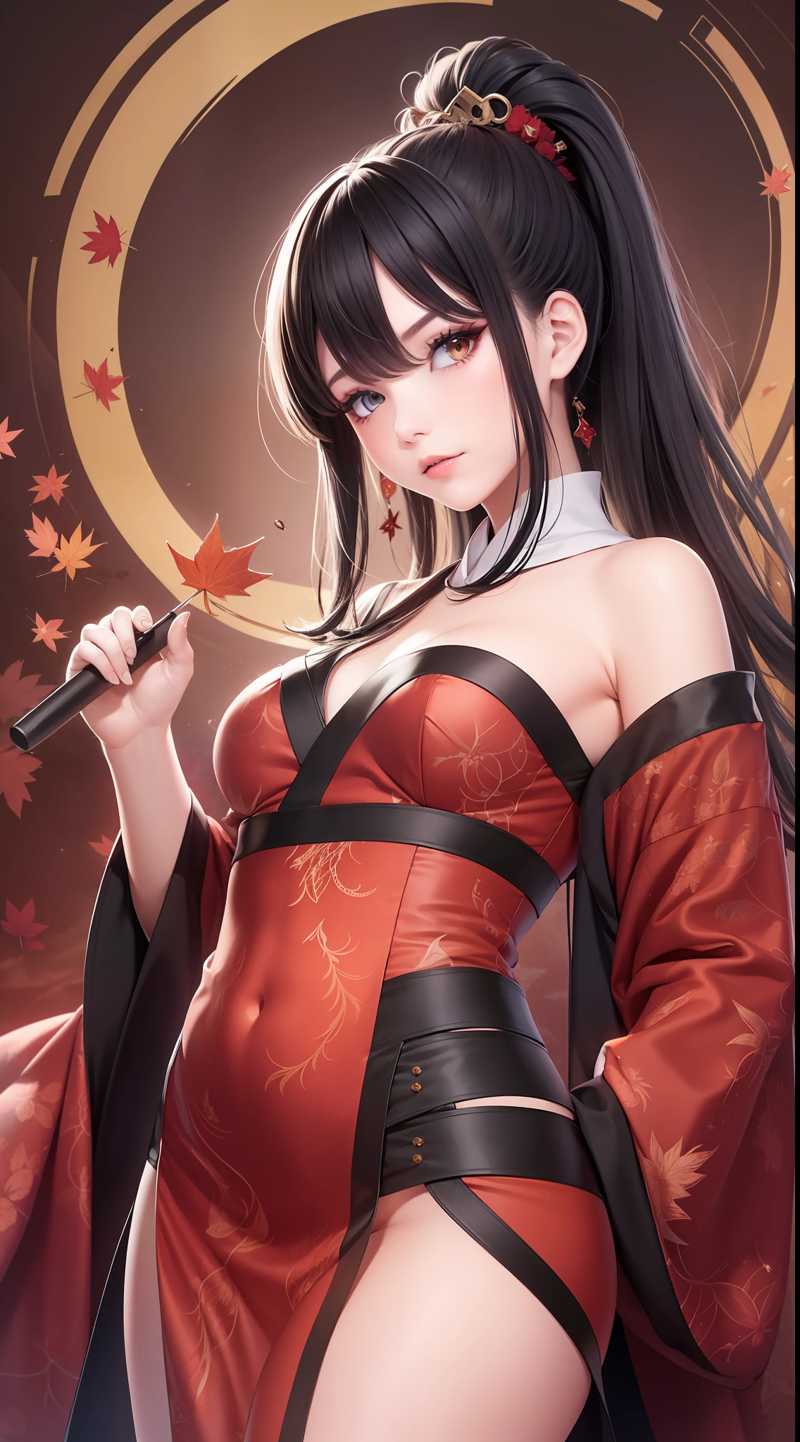 cool guy，Robe，Hanfu，Red gradient eyes，High ponytail，Long dark hair，floated hair，Black and red period costume，Dragon-patterned battle robe，Maple leaf background