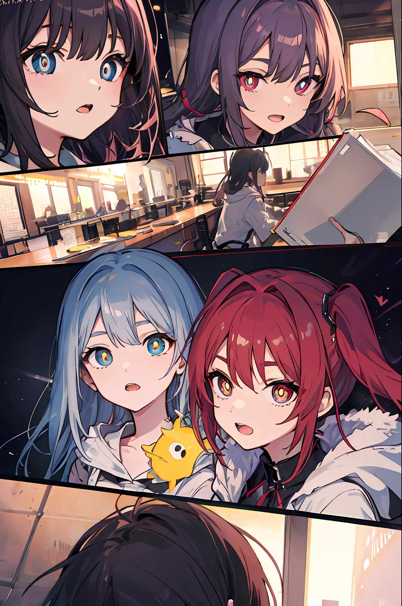 Detailed description of the picture:twincest,whaite hair,stocklings,pupils。