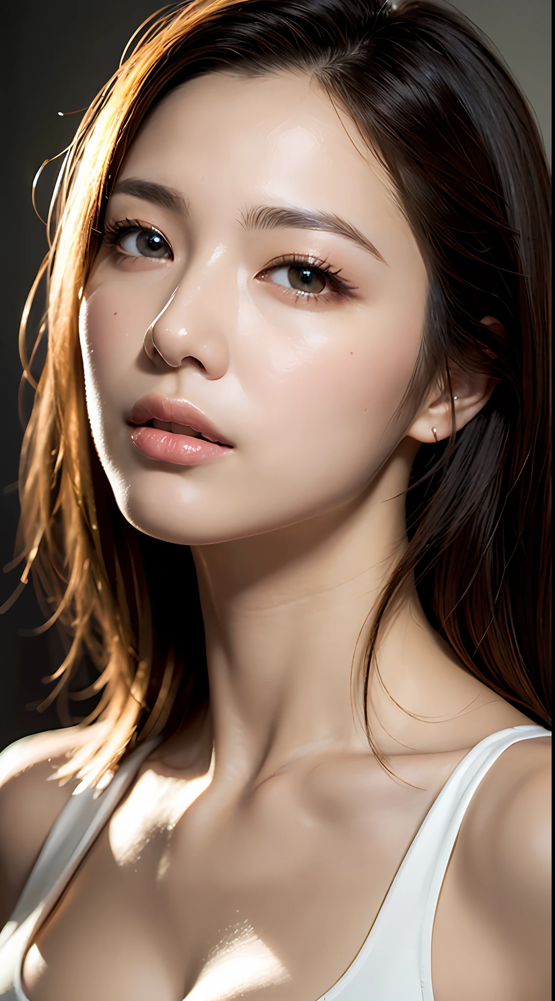 (Photorealistic:1.4), (Masterpiece, side-lighting, fine detailed beautiful eyes: 1.2), closeup cleavage,Masterpiece*Portrait, Realistic, 3D face, Glowing eyes, Shiny hair, Glossy glossy skin, Solo, embarressed, (midriff),