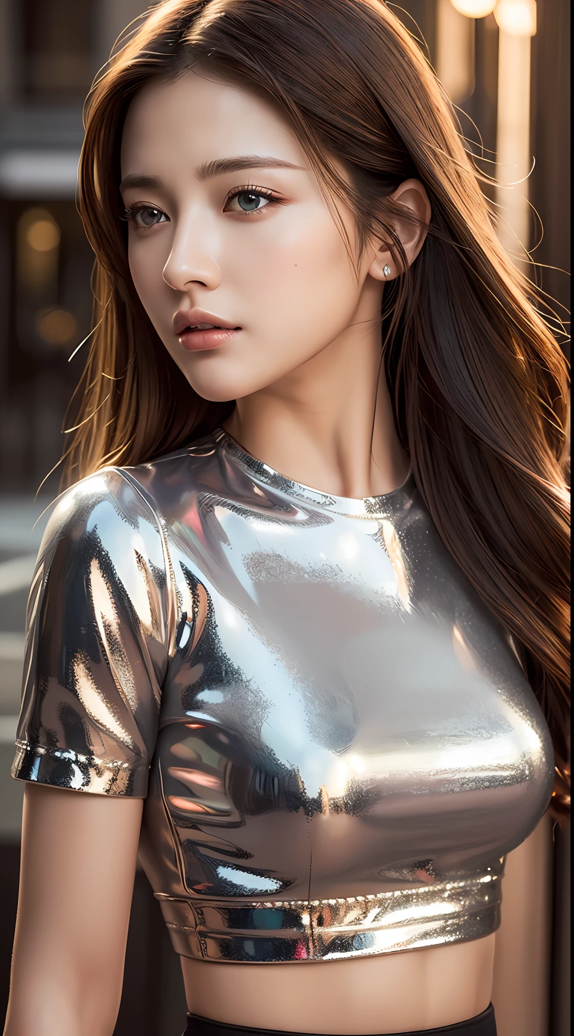 (Photorealistic:1.4), (Masterpiece, side-lighting, fine detailed beautiful eyes: 1.2), Masterpiece*Portrait, Realistic, 3D face, Glowing eyes, Shiny hair, Glossy glossy skin, Solo, embarressed, (midriff),
