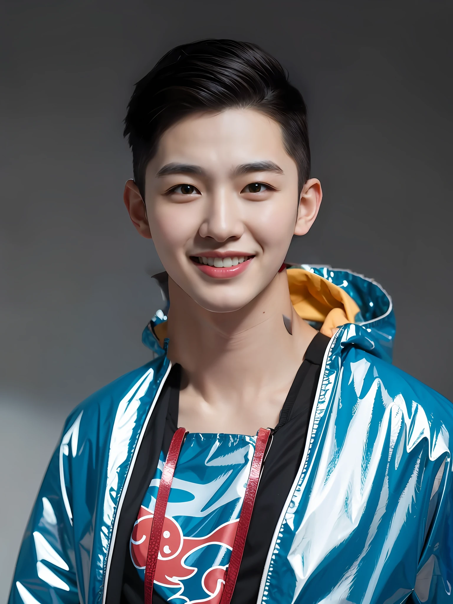 A Chinese male high school student,Wearing sky-blue PVC casual clothes