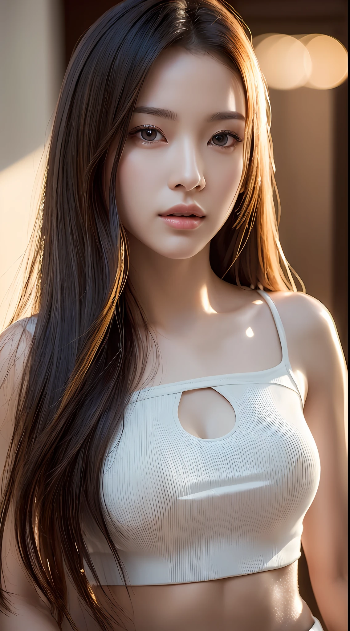 (Photorealistic:1.4), (Masterpiece, side-lighting, fine detailed beautiful eyes: 1.2), Masterpiece*Portrait, Realistic, 3D face, Glowing eyes, Shiny hair, Glossy glossy skin, Solo, embarressed, (midriff),