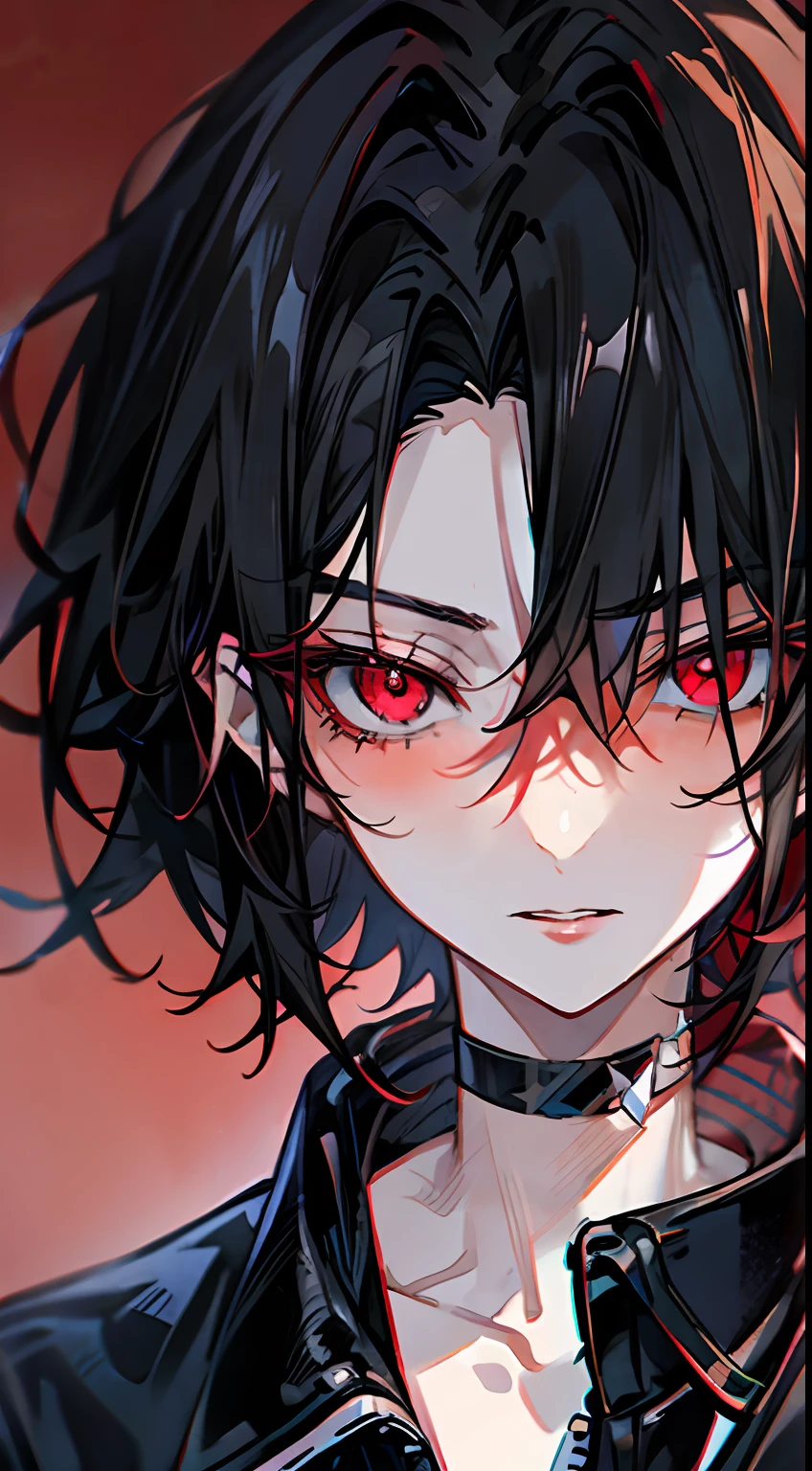1boy, (Close up face, masutepiece, Best Quality:1.2), 8K, Official art, absurderes, Gothic, studded black leather jacket and choker, piercings, (smokey red eye shadow with glitter, glazed pinkish red lips:1.1), (very dark red background:1.4), nffsw, face lights, A hyper-realistic, hight resolution, Photography, Film grain, chromatic abberation, Sharp Focus, nffsw, face lights, Dynamic lighting, Cinematic lighting, Delicate facial features, Detailed face and eyes, Sharp pupils, (Black hair:1.4)