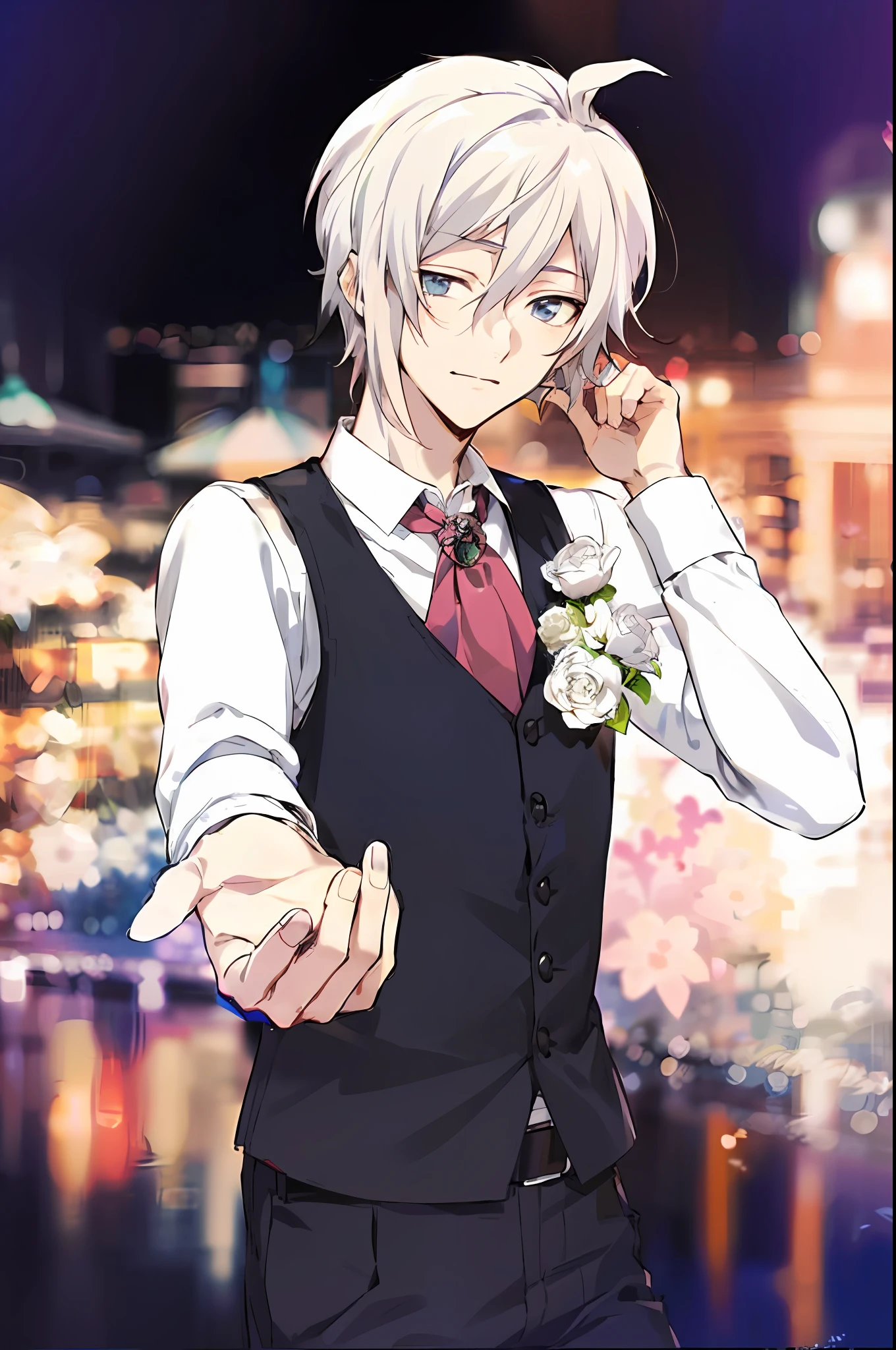 Anime man in tie wearing vest and flower in hand, Hajime Yatate, Handsome Anime Pose, kaworu nagisa, anime handsome guy, young anime man, anime key visual of elegant, male anime characters, nagito komaeda, key anime visuals, tall anime man with blue eyes, inspired by Okumura Togyu
