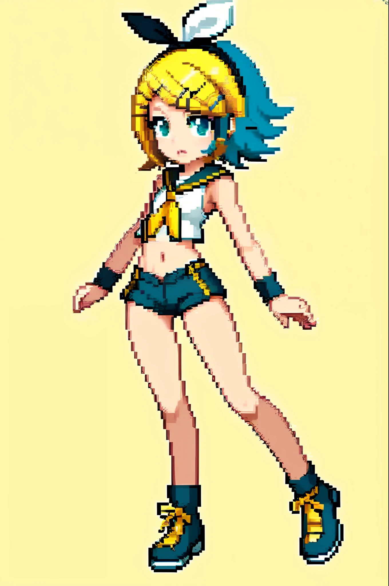obra maestra, alta calidad, mejor calidad, hermoso, HD, perfect ilumination, cara detallada, cuerpo detallado, 1 chica, solo, pixel, cabello amarillo, (((kagamine Rin))), 