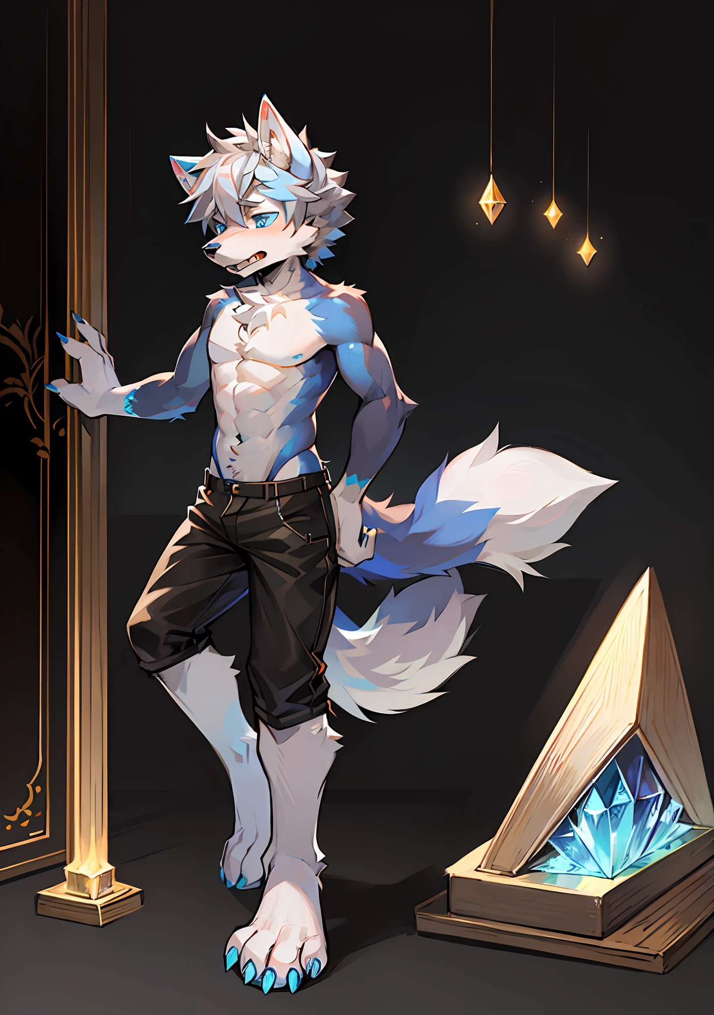 （tmasterpiece：1.2），（anatomy correct：1.1），（high qulity：1.5），（（（solo male anthropomorphic）））Furry_Transformation Wolf Flsona，1 Wolf Boy，White fur，crystal blue eyes，（Celestial nose），White claws，White feet，canine hands，（Details dog feet：1.2），Black beans，Detail beans，（（1 Wolf Boy）），[digitial painting\（artwork of a）：：：0.8]canine feet，（lines of movement：1.1），Single fluffy tail，[aquarelle（artwork of a）：0.6]，greyt hair，short detailed hair，grey shorts