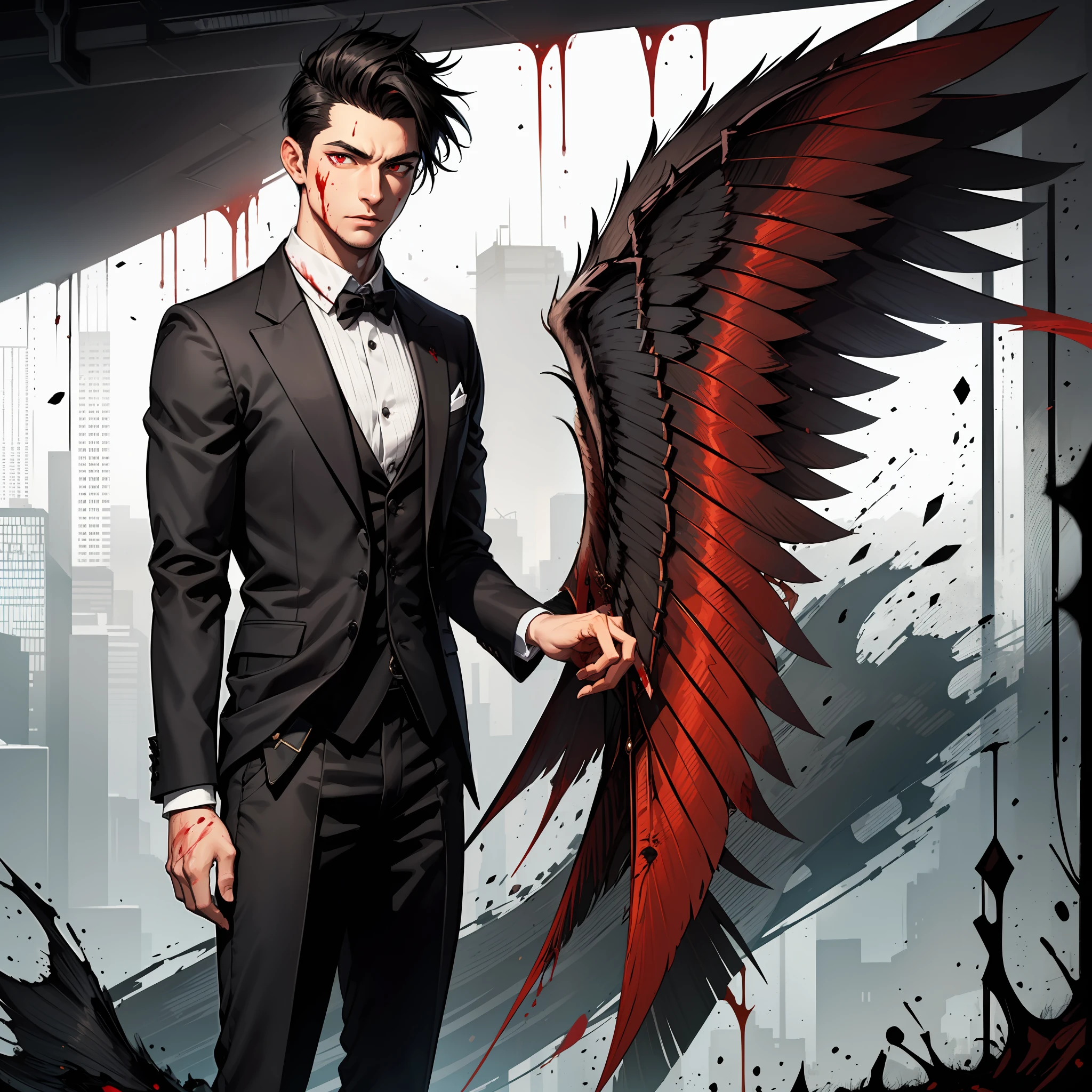 Tall, commanding CEO-like figure with short black hair, blood-red eyes, and clean-shaven face. Accented with pure black wings, exuding authority and sophistication in his sophisticated attire. He is the ruler of hell.