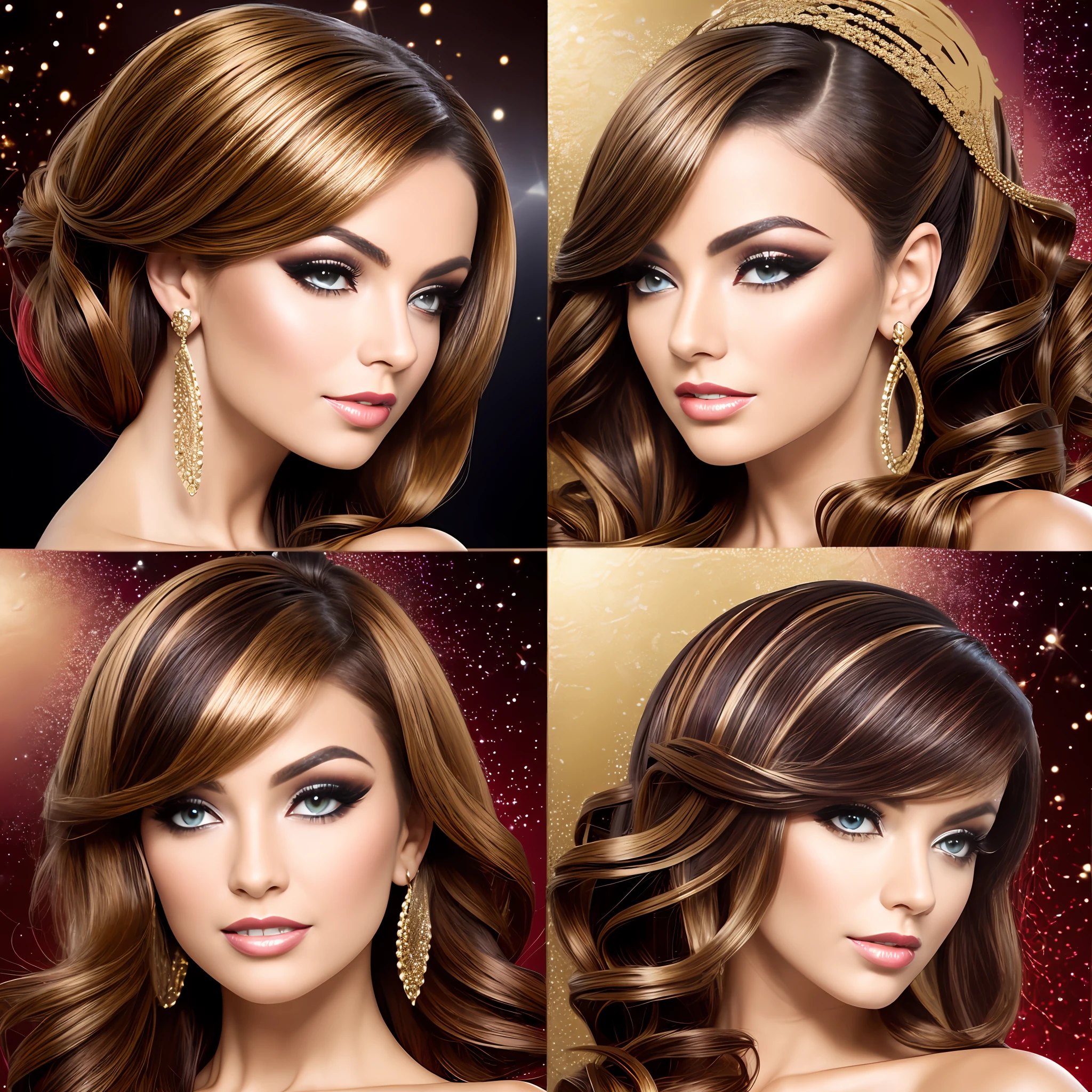 the hair, makeup and hairstyle of the woman, in the style of dark gold and red, dark white and dark gold, light red and dark brown, dark bronze and white, glitter, cut/ripped, dark bronze and dark black
