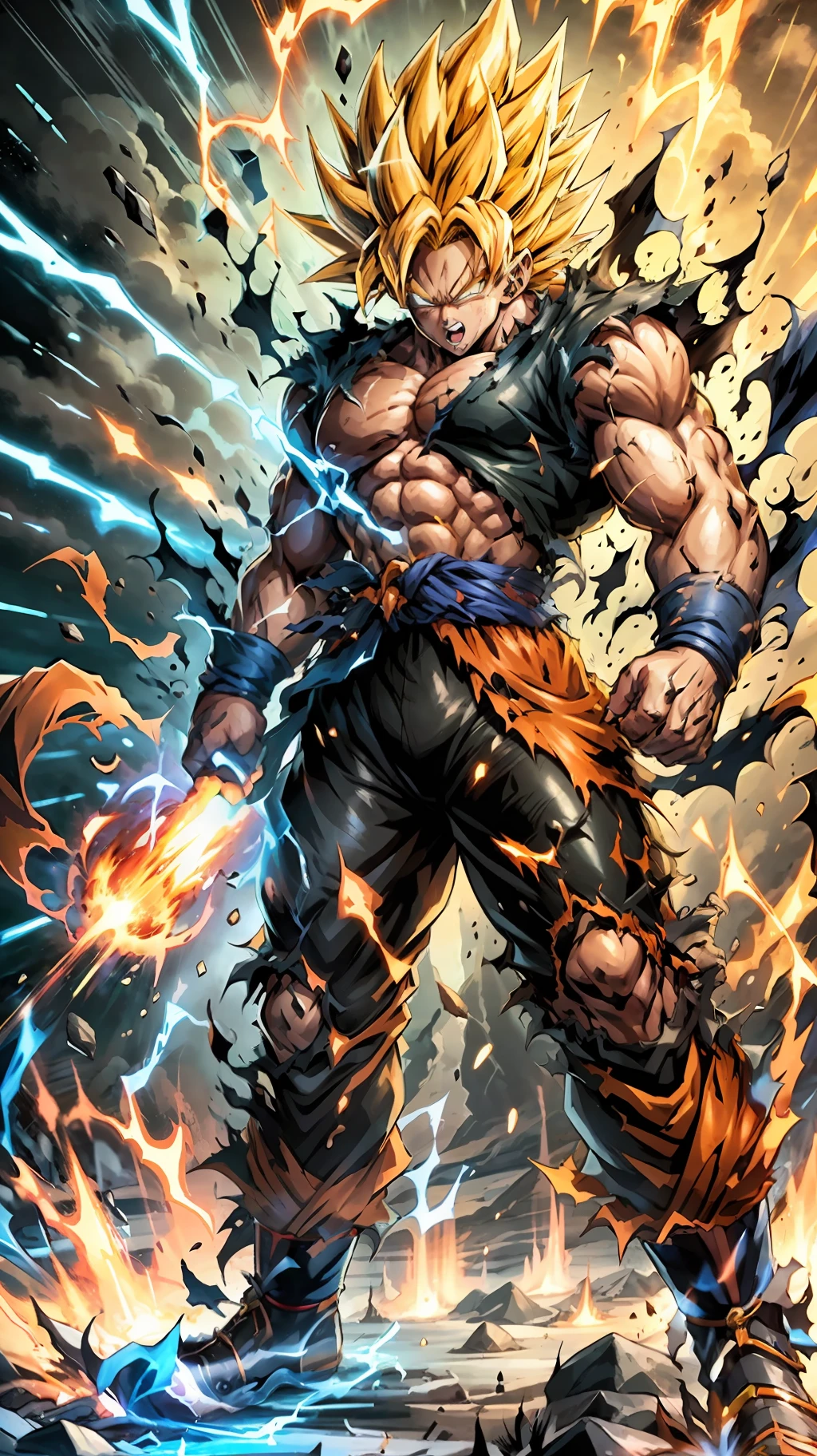 1male, solo, The Super Ice Saiyan unleashes huge energy waves that shatter the starry sky and generate huge shock waves. Standing on the ice dragon, the background is the rainstorm meteor universe. Energy waves are a mixture of orange tones with swirling patterns. (Ice Magic: 1.2), (Epic: 1.3), (Chaos Ingredients: 1.2), (Metal: 1.1), (Dark orange: 1.1), (Comic Book: 1.2), ((3D)), (((Actual))),