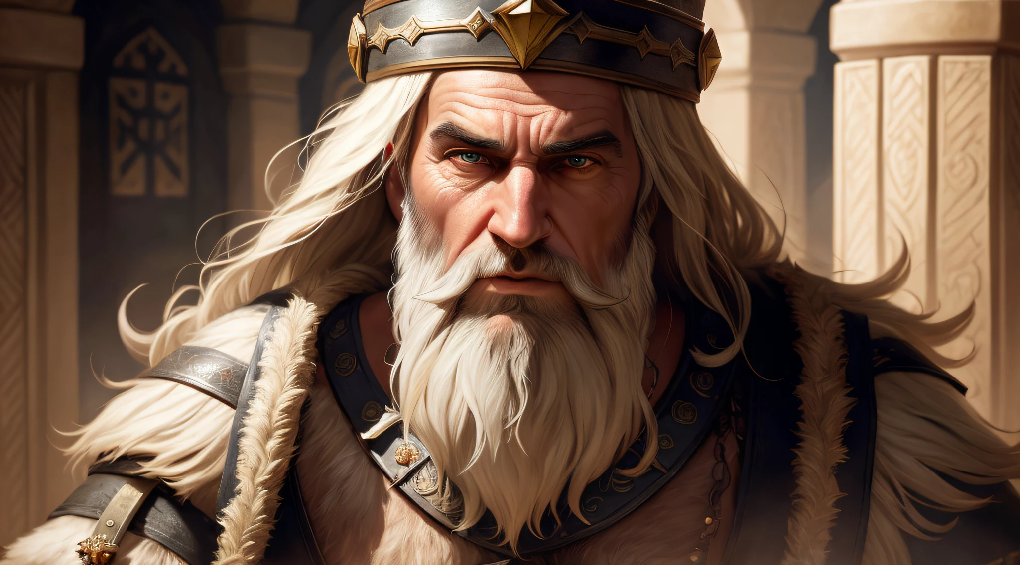 arafed man with a long beard and a crown on his head, unreal engine character art, medieval old king, unreal engine 5 », artgerm ; 3d unreal engine, best of artstation, painted portrait of rugged odin, male god svarog portrait, unreal engine fantasy art, tuomas korpi and wlop
